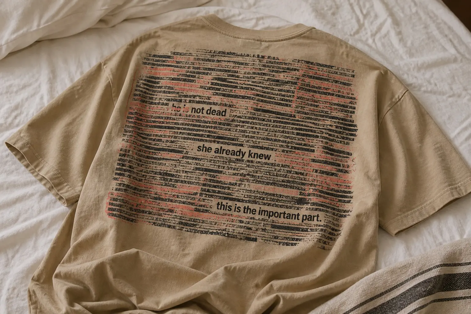 A tan tee crumpled on a bed, printed on the back with a dense block of illegible grey running text edge to edge, three short phrases set bold and readable within it, he is not dead, she already knew, and this is the important part