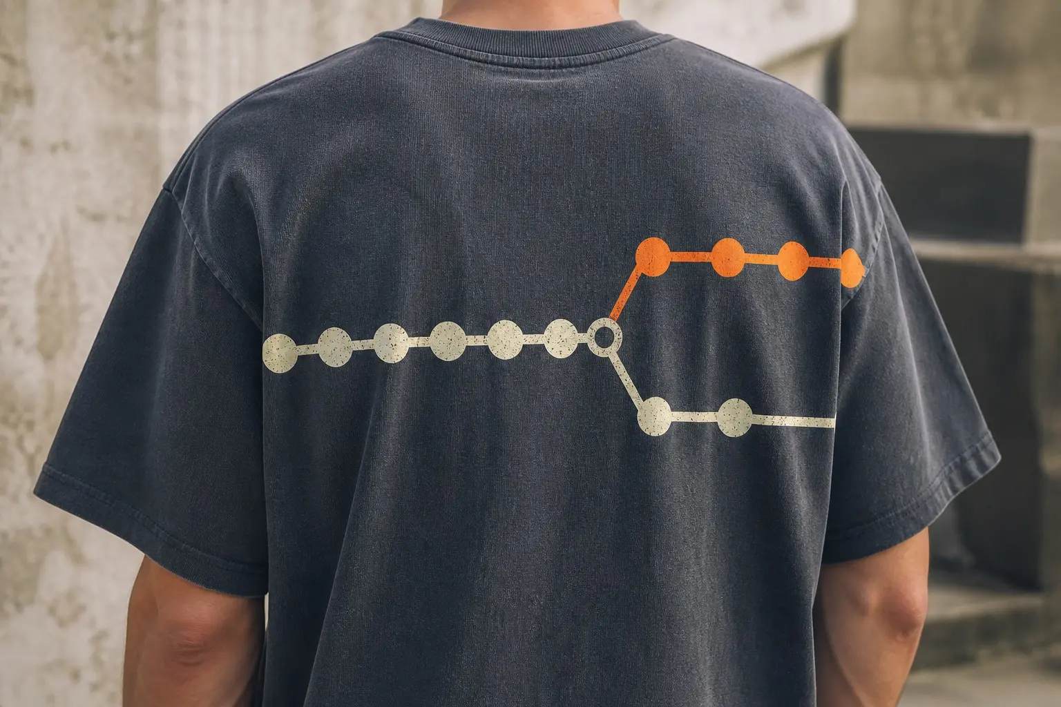A charcoal tee worn from behind, printed across the back and shoulder with a line of pale dots that forks at a hollow ring into a shorter bright orange branch running up and a longer pale branch continuing straight, the two never meeting again