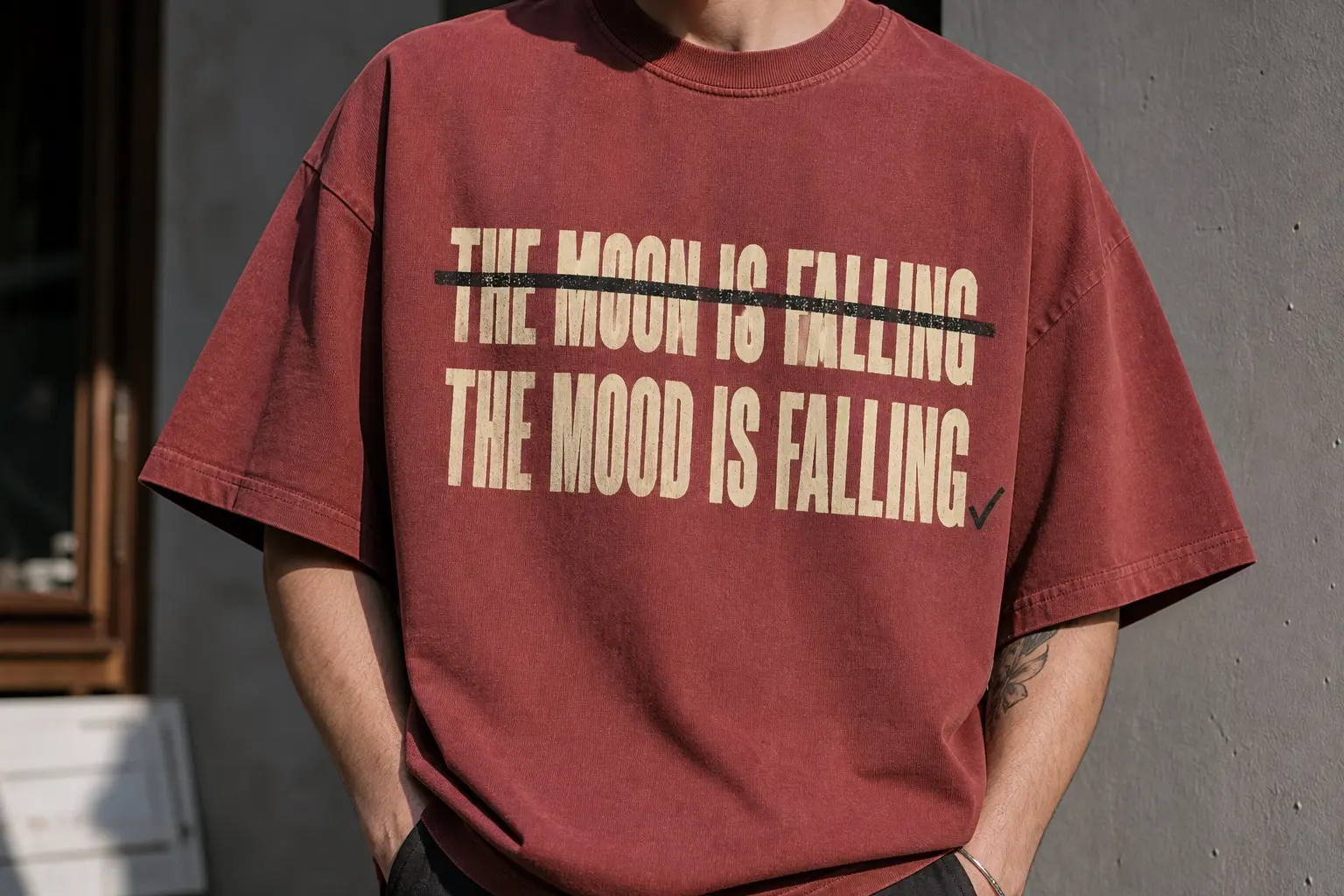 A tee printed from the chest down with two lines of matching type, THE MOON IS FALLING struck through with one hard ruled line, and beneath it THE MOOD IS FALLING with a small hand-drawn tick