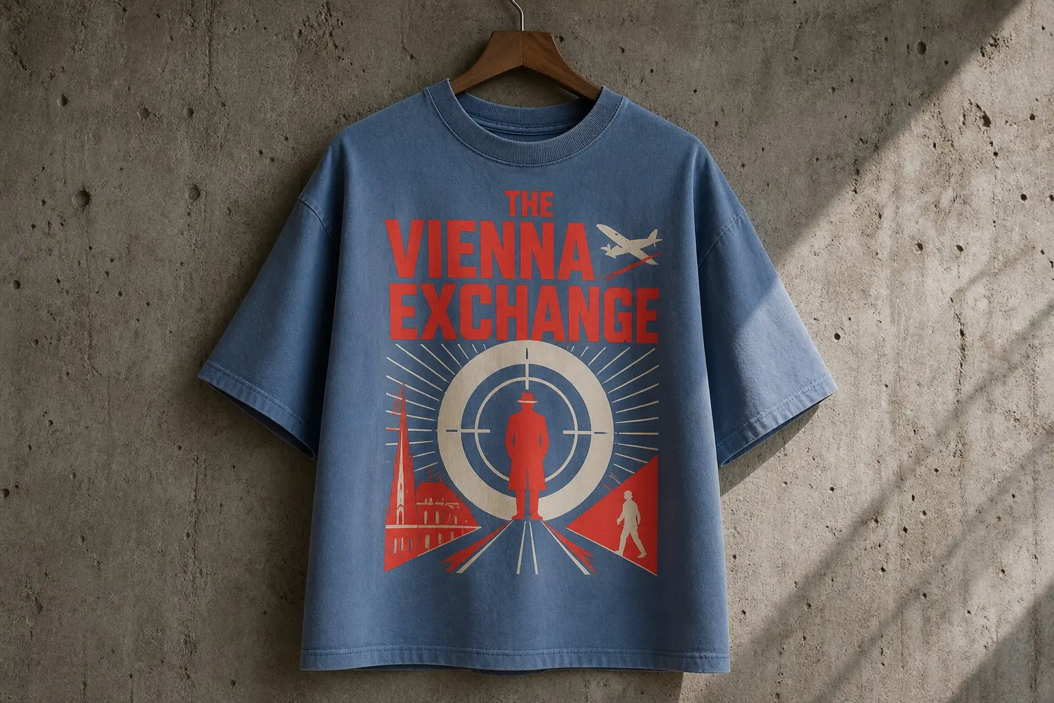 A dust blue tee on a hanger against concrete, printed with a flat silhouette of a figure in a long coat inside a scarlet target ring with radiating lines and a small aircraft, titled THE VIENNA EXCHANGE