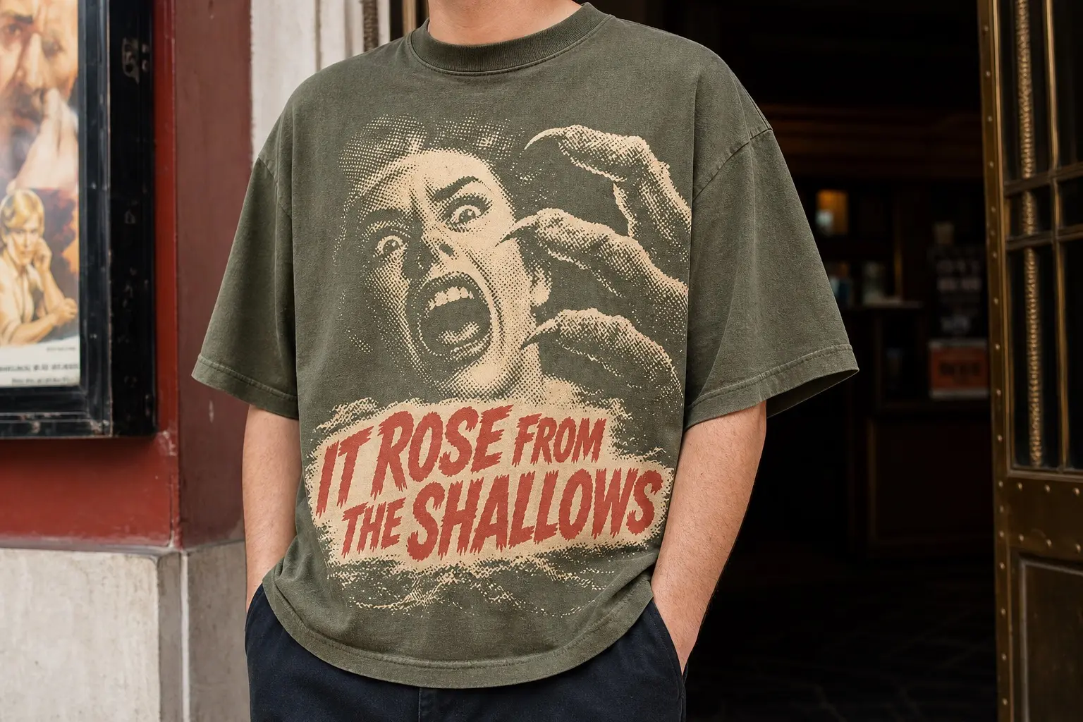 A person from the chest down beside a cinema doorway, wearing an olive tee printed with a coarse halftone screaming face and a scaled clawed hand entering from the edge, over a title strip reading IT ROSE FROM THE SHALLOWS