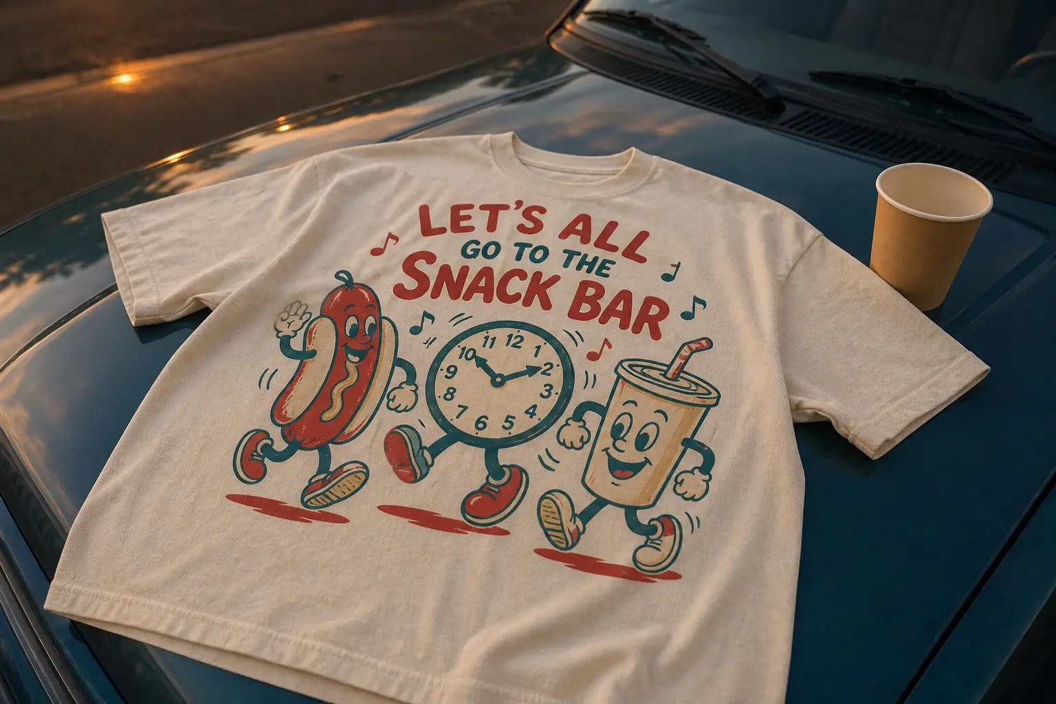A cream tee flat on a car bonnet at dusk beside a paper cup, printed with a dancing cartoon hot dog and a marching paper cup with rubber-hose limbs beside a clock face, reading LET'S ALL GO TO THE SNACK BAR
