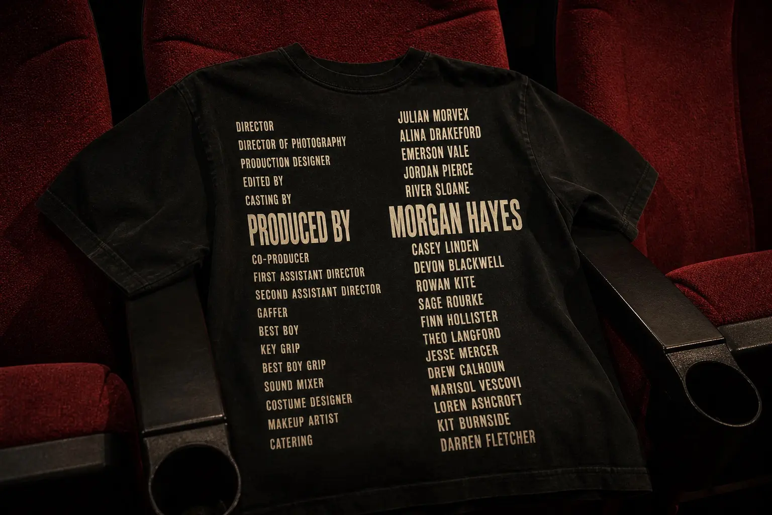 A black tee flat on a cinema seat under low light, printed with a two-column end credit roll listing roles such as gaffer, best boy and catering against invented names, one line set larger than the rest