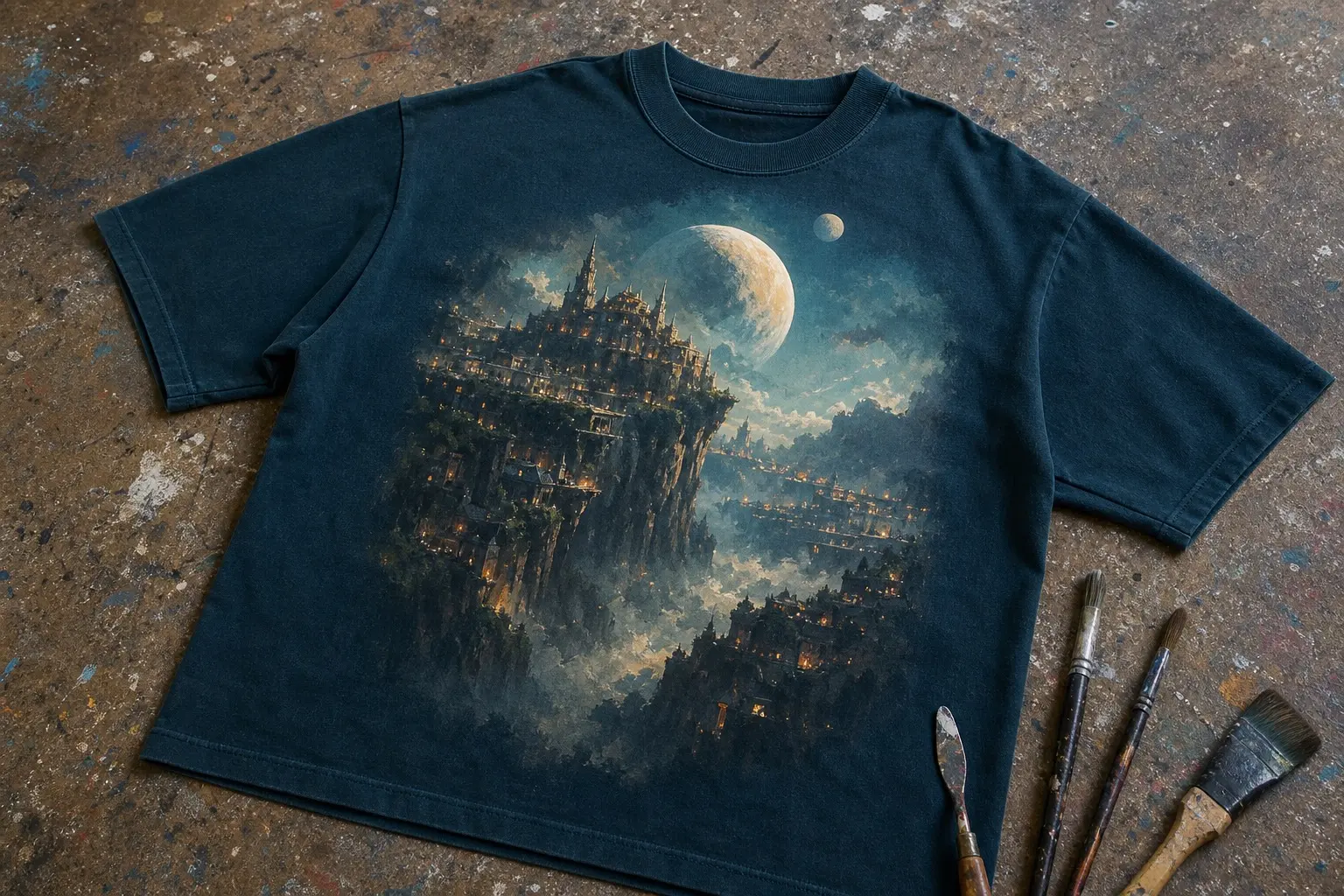 A deep teal tee flat on a paint-spattered studio floor beside brushes, printed with a painted cliff city under two moons with tiny lit windows and mist filling the valley below, and no lettering anywhere