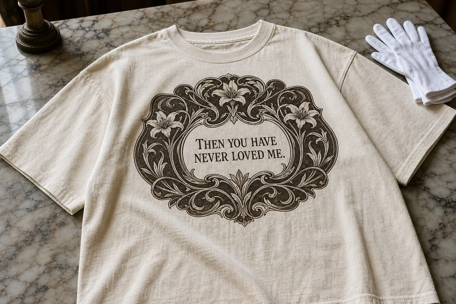 A bone-coloured tee flat on marble beside white cotton gloves, printed with an ornate art-nouveau ornament of curling vines with a scalloped irregular outer edge, enclosing the line THEN YOU HAVE NEVER LOVED ME