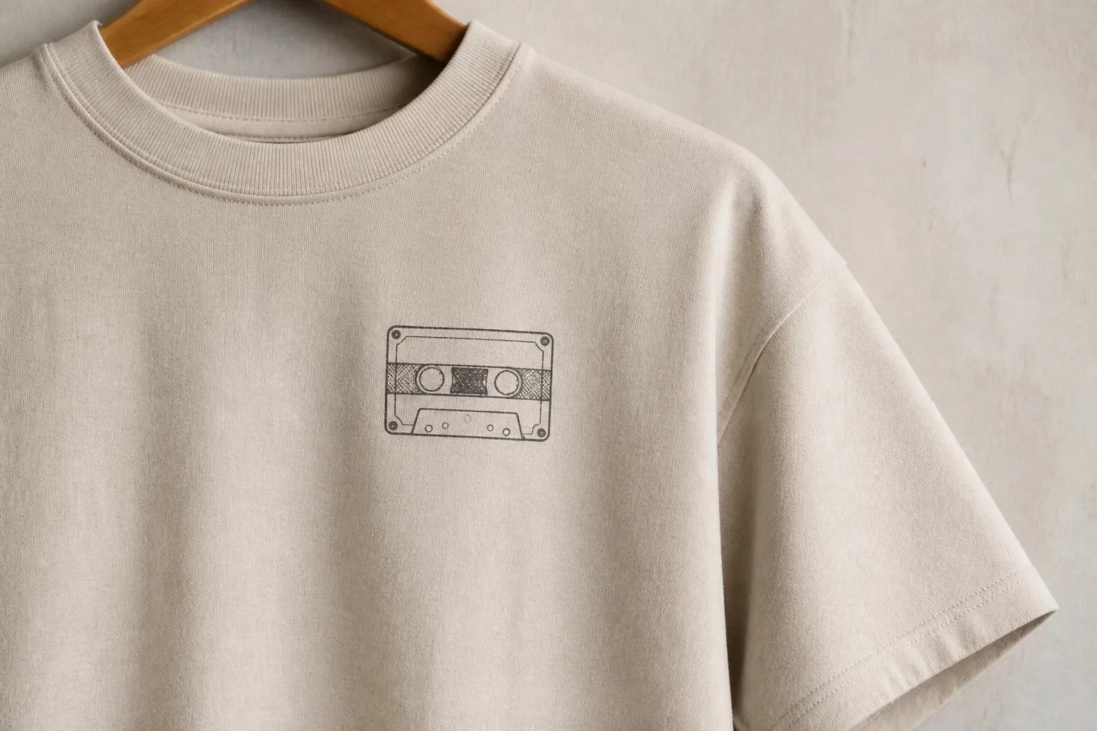 An oatmeal tee on a wooden hanger against a plaster wall, printed small on the left chest with a cassette shell in fine dark grey line — both spool hubs drawn as open circles with nothing wound on them, a band of woven cloth crossing the full width of the shell and passing behind both hubs, drawn as a visible over-and-under crosshatch of threads, and the label panel left blank. No text.
