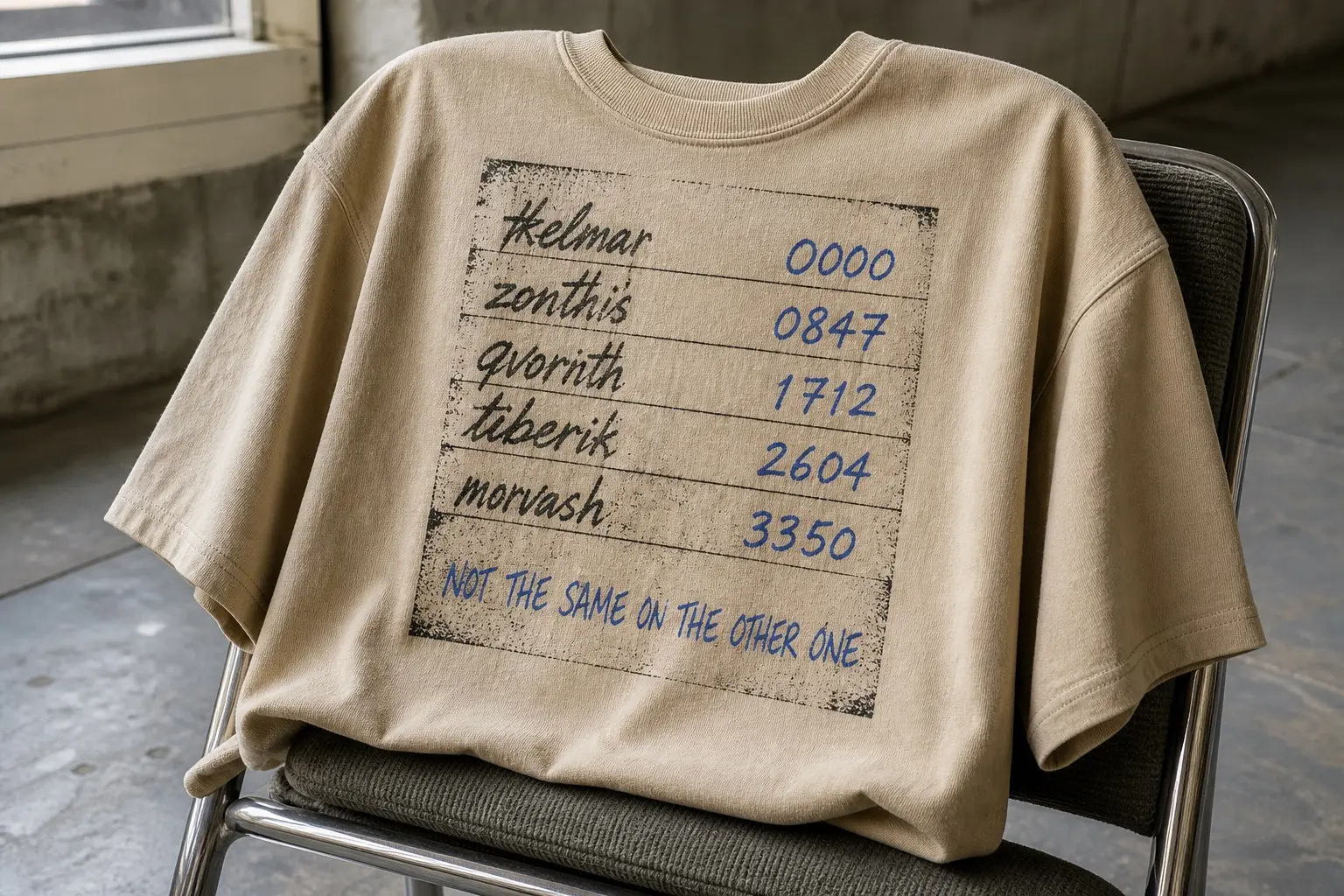 A sand-coloured tee draped over the back of a metal folding chair in a bare concrete room, printed with a wide ruled card in worn black ink: down the left, five handwritten names in black — zonthis, tiberik and morvash among them — and down the right, aligned row for row, five four-figure numbers in blue ballpoint reading 0000, 0847, 1712, 2604 and 3350, with NOT THE SAME ON THE OTHER ONE written across the bottom in a larger, looser blue hand.