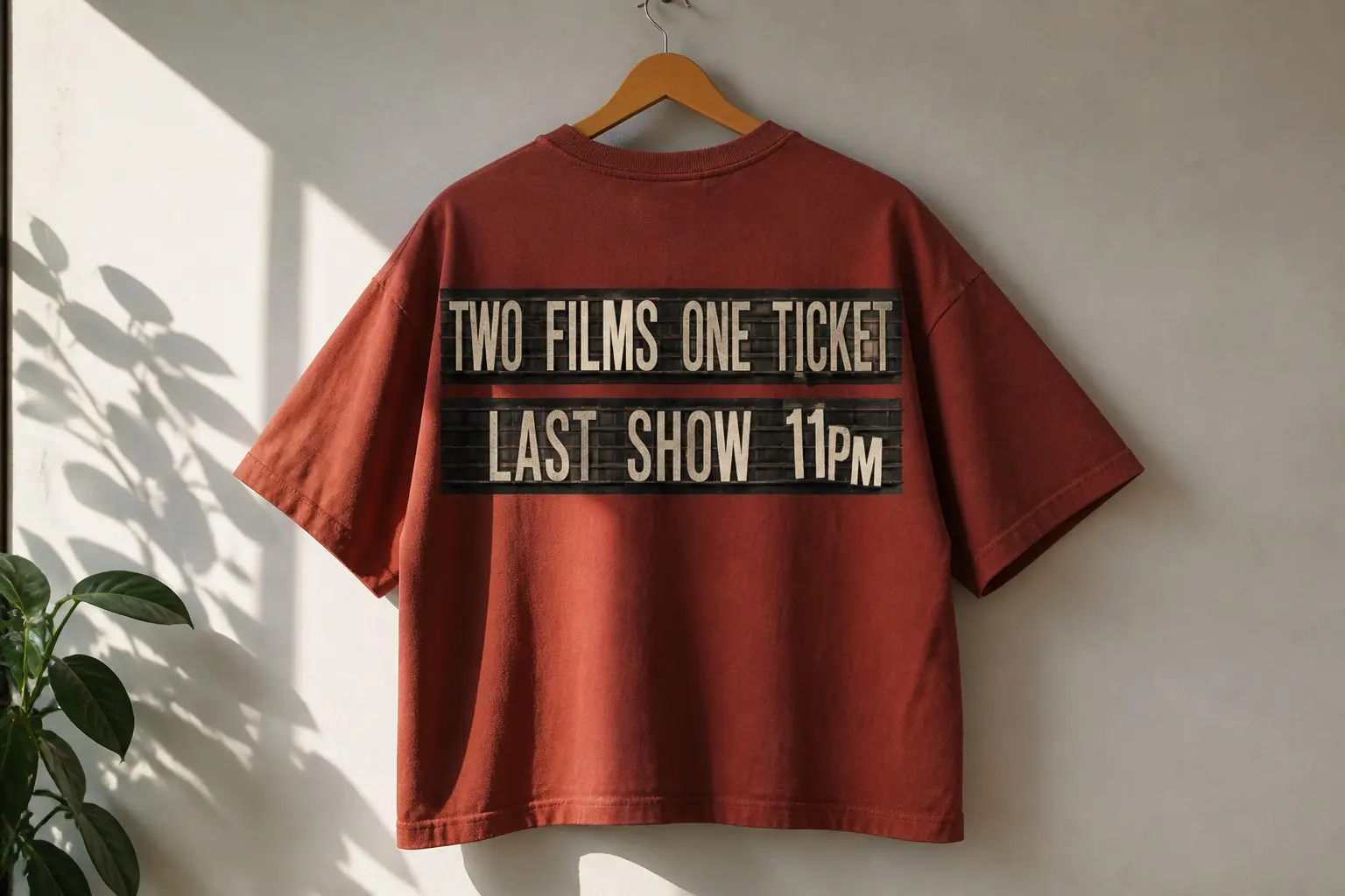 A brick red tee printed with a black ribbed cinema letter board holding individually slotted plastic letters, several crooked and one hanging a few millimetres lower than the rest, reading TWO FILMS ONE TICKET above LAST SHOW 11PM, with several letters visibly a different size and weight from the rest
