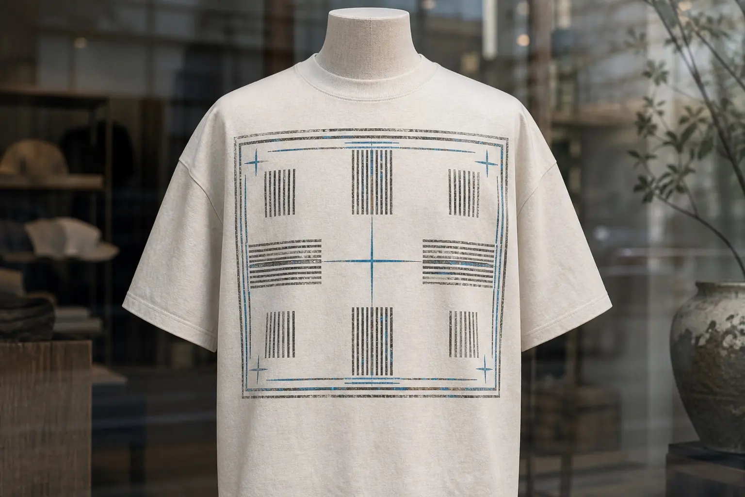 A cream tee on a mannequin torso, printed with a geometric focus test card centred on the chest — nested rectangular frame lines, a central crosshair, four small star-shaped crosshair marks set inside the corners, and six blocks of fine vertical parallel lines at differing spacings, in muted grey, black and blue tones. No numbers, no labels, no text.