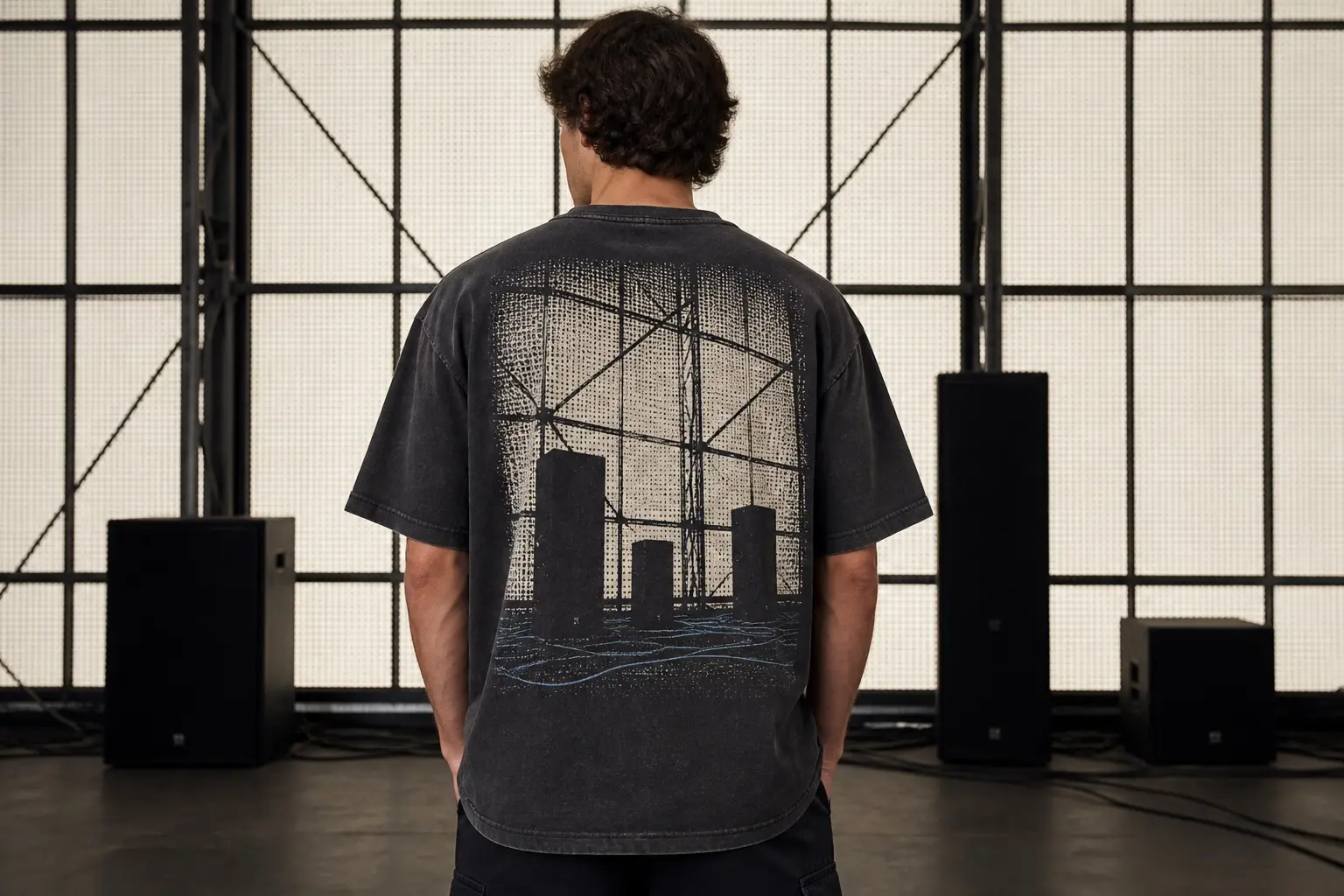 A charcoal tee, the back printed with a dense stippled screen crossed by a diagonal steel truss, light glowing through the grid of dots, and three dark tower-shaped speaker cabinets of different heights standing on wavy ground lines below it