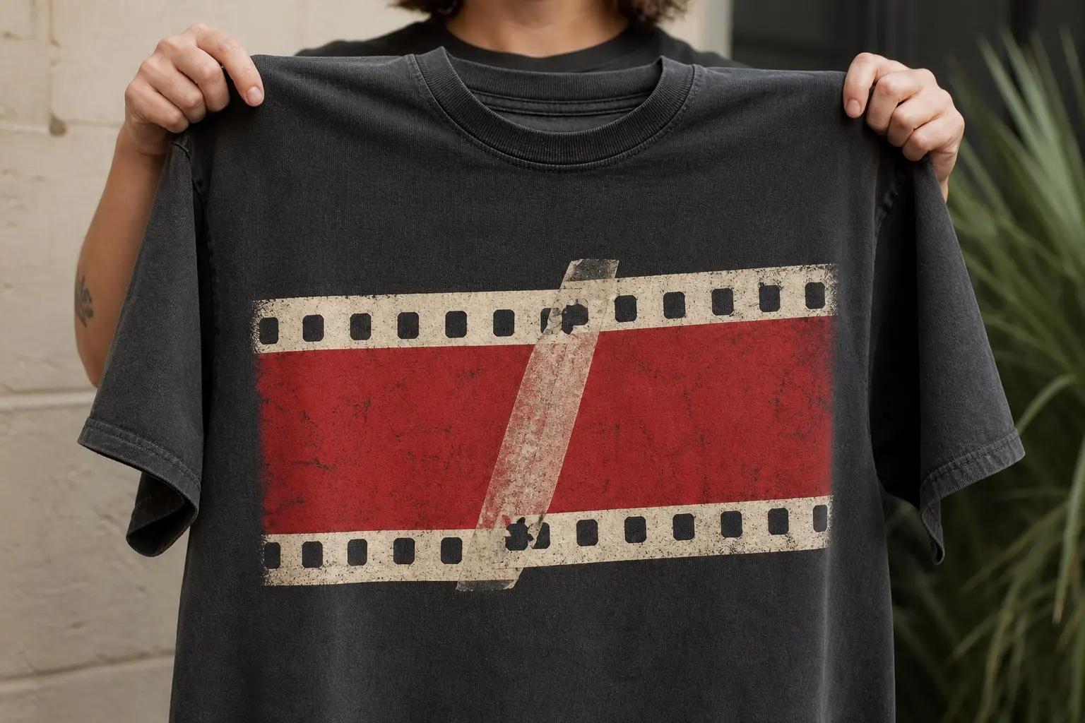 One short length of film strip, very large and horizontal on charcoal, sprocket holes down both edges, a diagonal splice crossing the middle with a band of clear tape over the join, two sprocket holes at the join visibly damaged and out of pitch, the frames either side plain flat colour with no image, no text