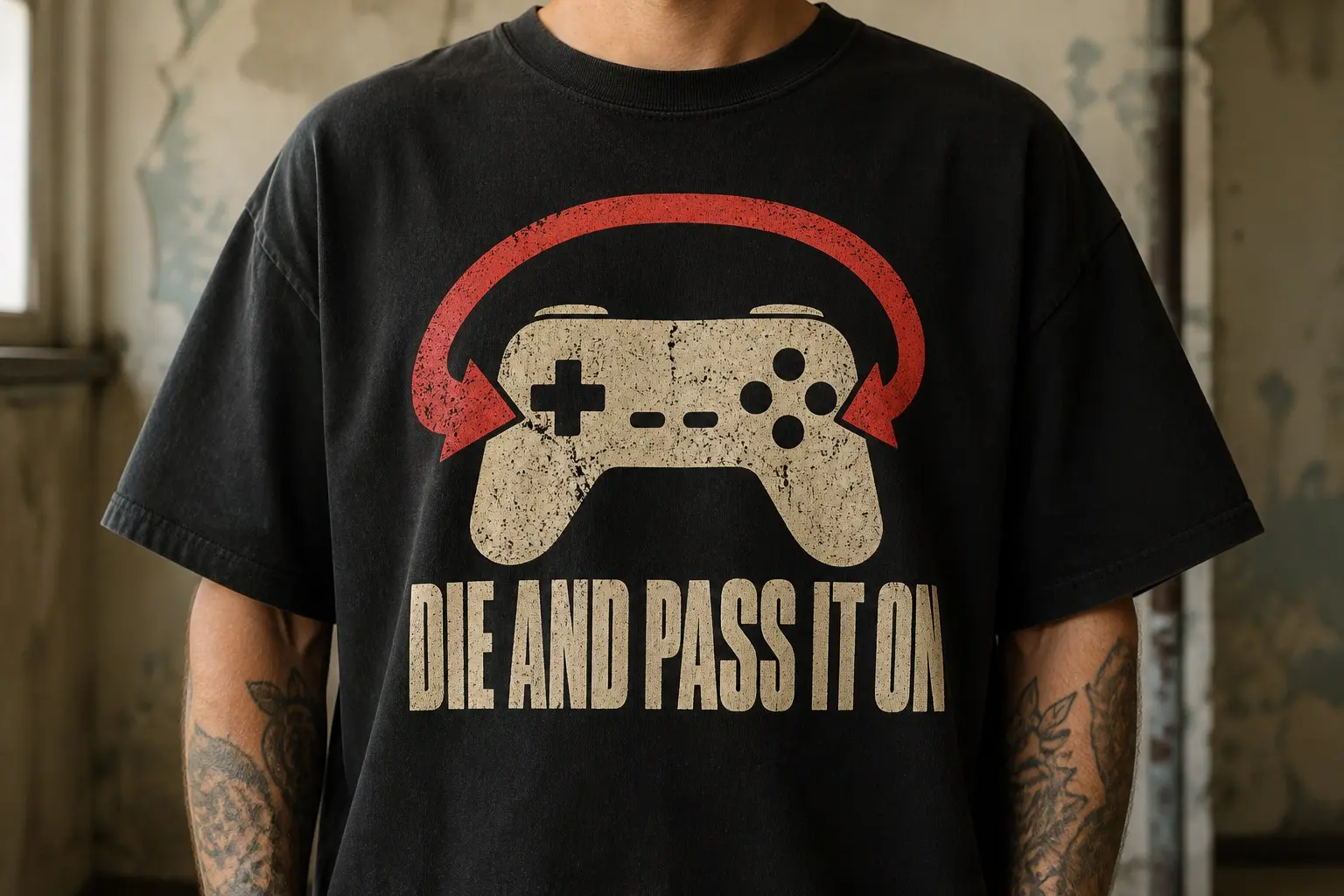 A black tee printed as a front graphic of one controller drawn flat and centred, with a single bold arrow leaving its right side, curving over the top and returning into its left in a closed handover loop, and beneath it the words DIE AND PASS IT ON set in heavy condensed capitals, rendered as a flat cut-vinyl graphic with hard edges.