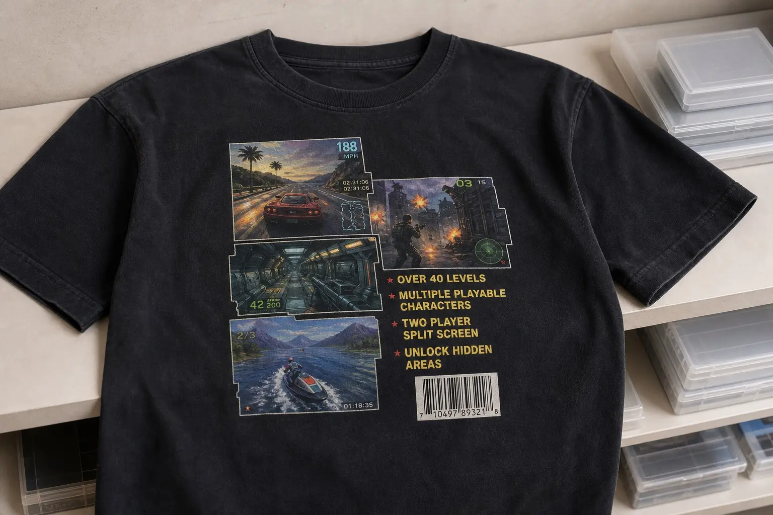 A washed black tee flat on a shop shelf beside plastic cases, printed as a game box back — four small screenshot panels in a stepped block, a bullet list reading OVER 40 LEVELS and TWO PLAYER SPLIT SCREEN, and a small barcode