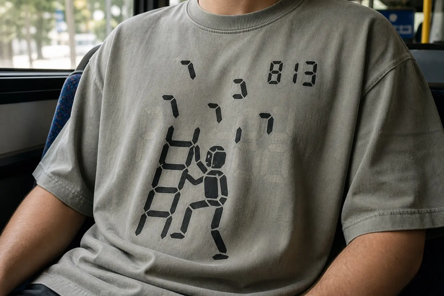 A person from the chest down on a bus seat, wearing a sage grey tee printed with a segmented LCD scene of a climber on a ladder with falling objects above, several ghost segments faintly visible, and a score of 813