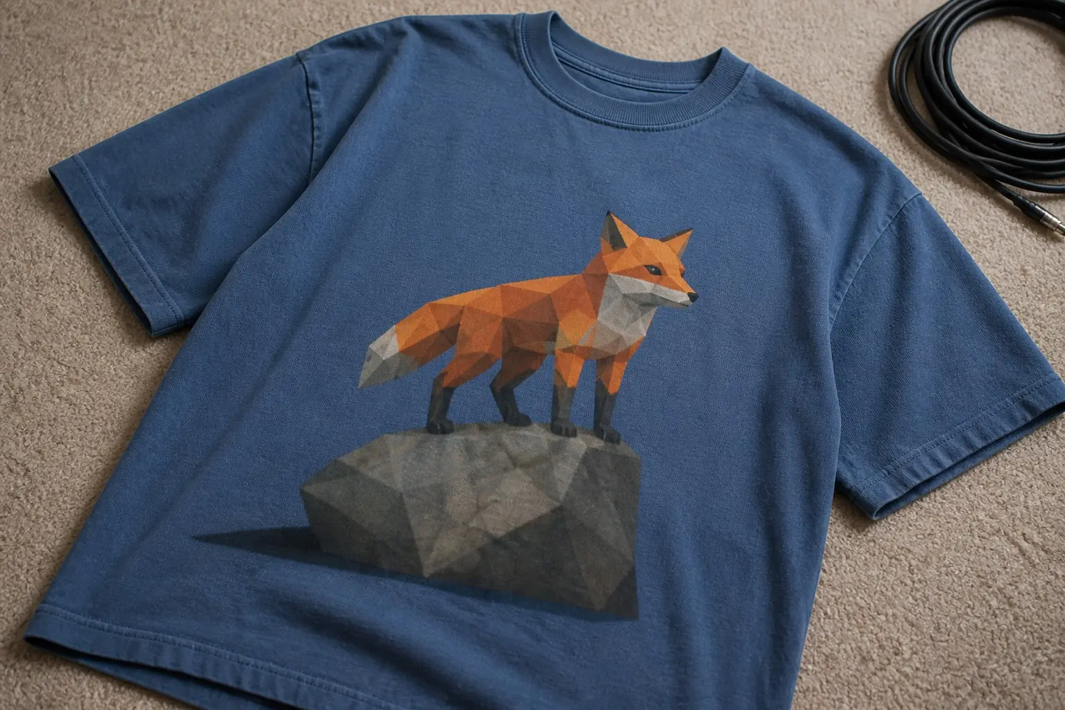 A dust blue tee flat on beige carpet beside a coiled cable, printed with a fox built from large flat triangles standing on a four-sided rock, every facet edge visible, with a hard flat shadow beneath