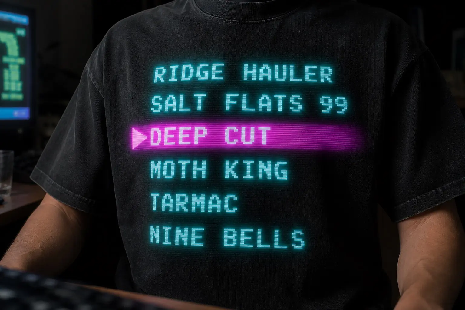 A person from the chest down in a dark room lit by a screen, wearing a washed black tee printed as a glowing CRT menu listing six invented game titles in cyan with a magenta selection bar over the third