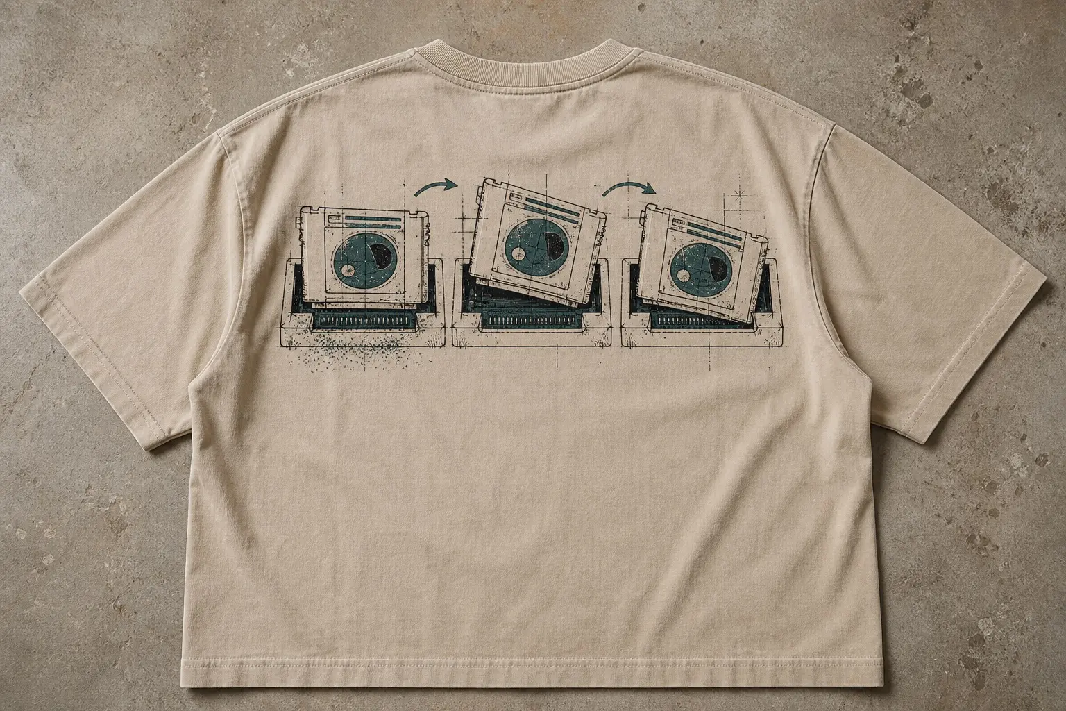 A sand tee printed with one cartridge drawn three times in identical exploded technical style at three angles — square and flush, lifted at the left edge, pressed down and tilted — small curved arrows linking the sequence, and a scatter of dust along the connector edge of the first drawing only.