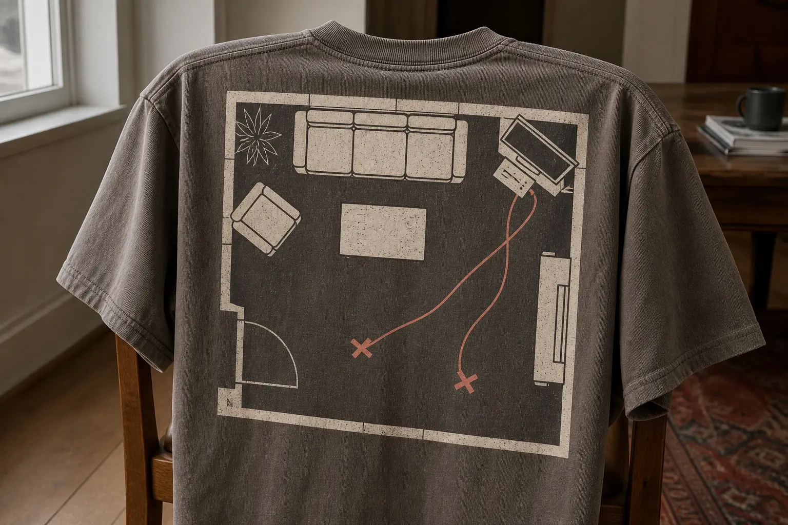 An overhead floor plan in warm grey line art of a front room — a sofa along one wall, an armchair set at an angle, a low table, a television on a stand in the corner with a small box beneath it, and two cables running from the box across the open floor to two X marks on the carpet, crossing directly over the route between the door and the sofa, with no labels or measurements anywhere.
