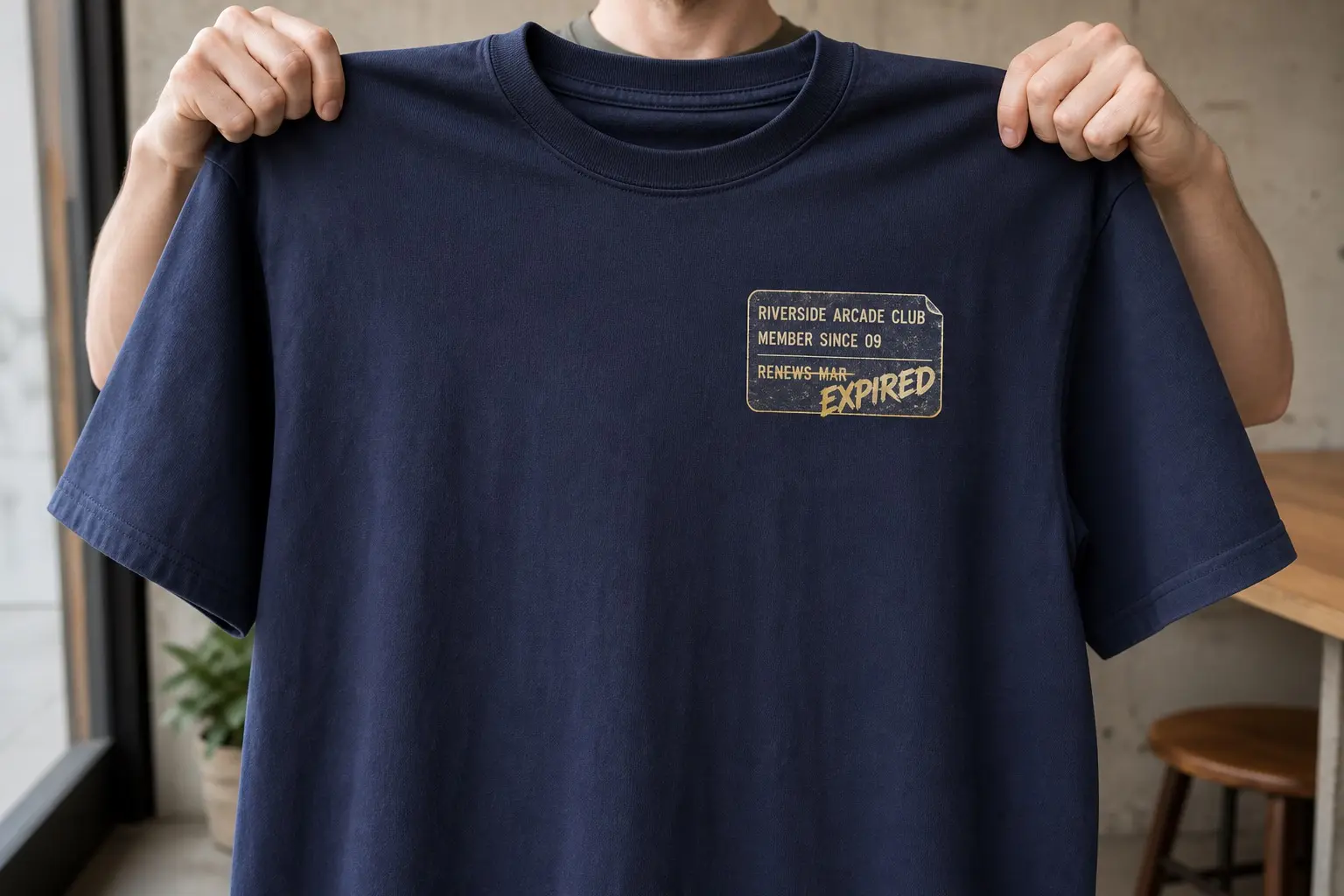 A navy tee held up by two hands, a small badge-sized print high on the left chest showing a laminated membership card with one curled corner, printed RIVERSIDE ARCADE CLUB, MEMBER SINCE 09, and a line reading RENEWS MAR struck through beneath a bold overlaid stamp reading EXPIRED, all in cream and gold, with the rest of the garment left empty.