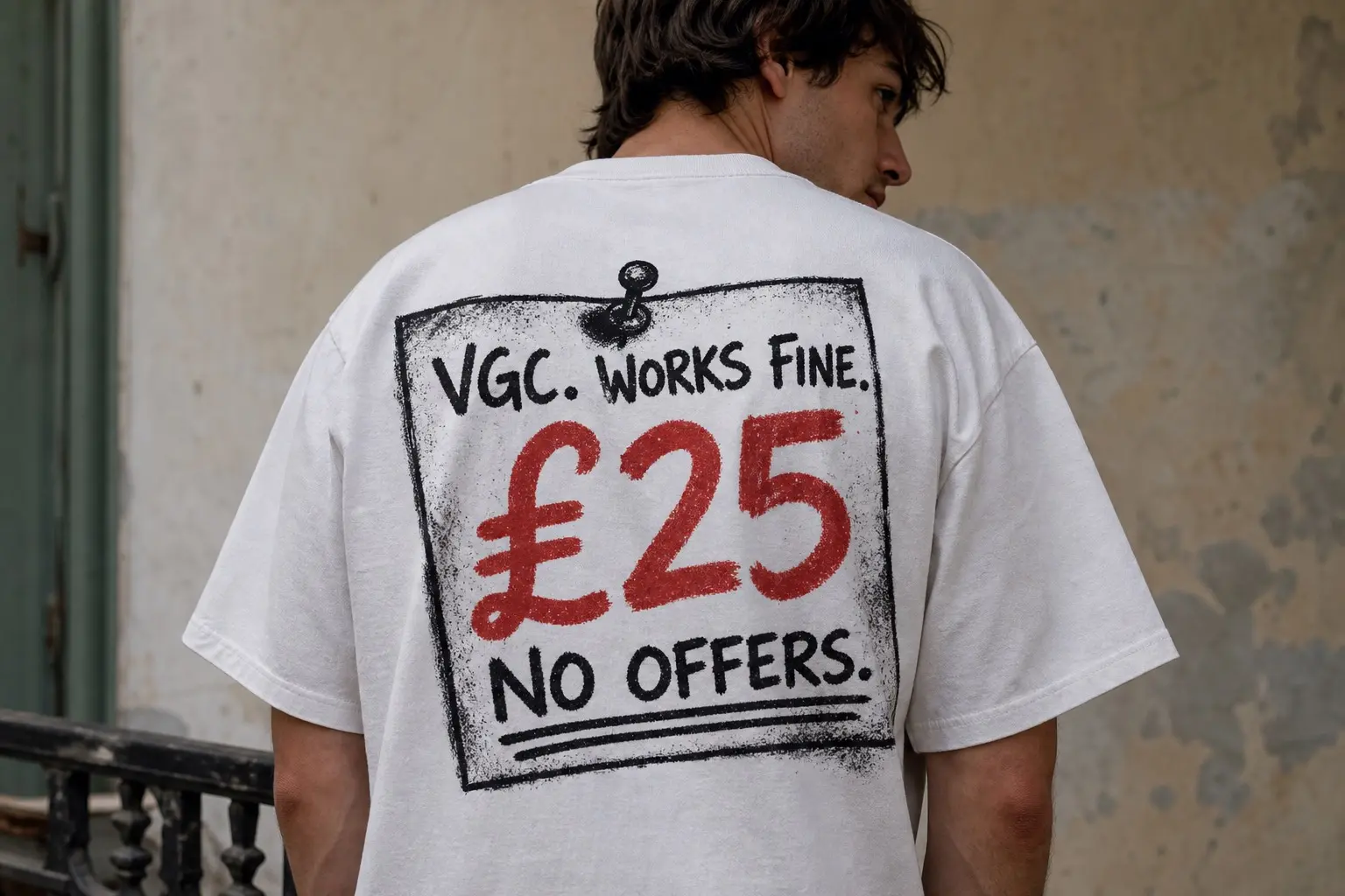 A white tee printed on the back with a single handwritten for-sale card pinned dead centre by a drawing pin, blocky black felt-tip capitals reading VGC. WORKS FINE., a larger red £25 beneath it, and NO OFFERS underlined twice along the bottom edge.