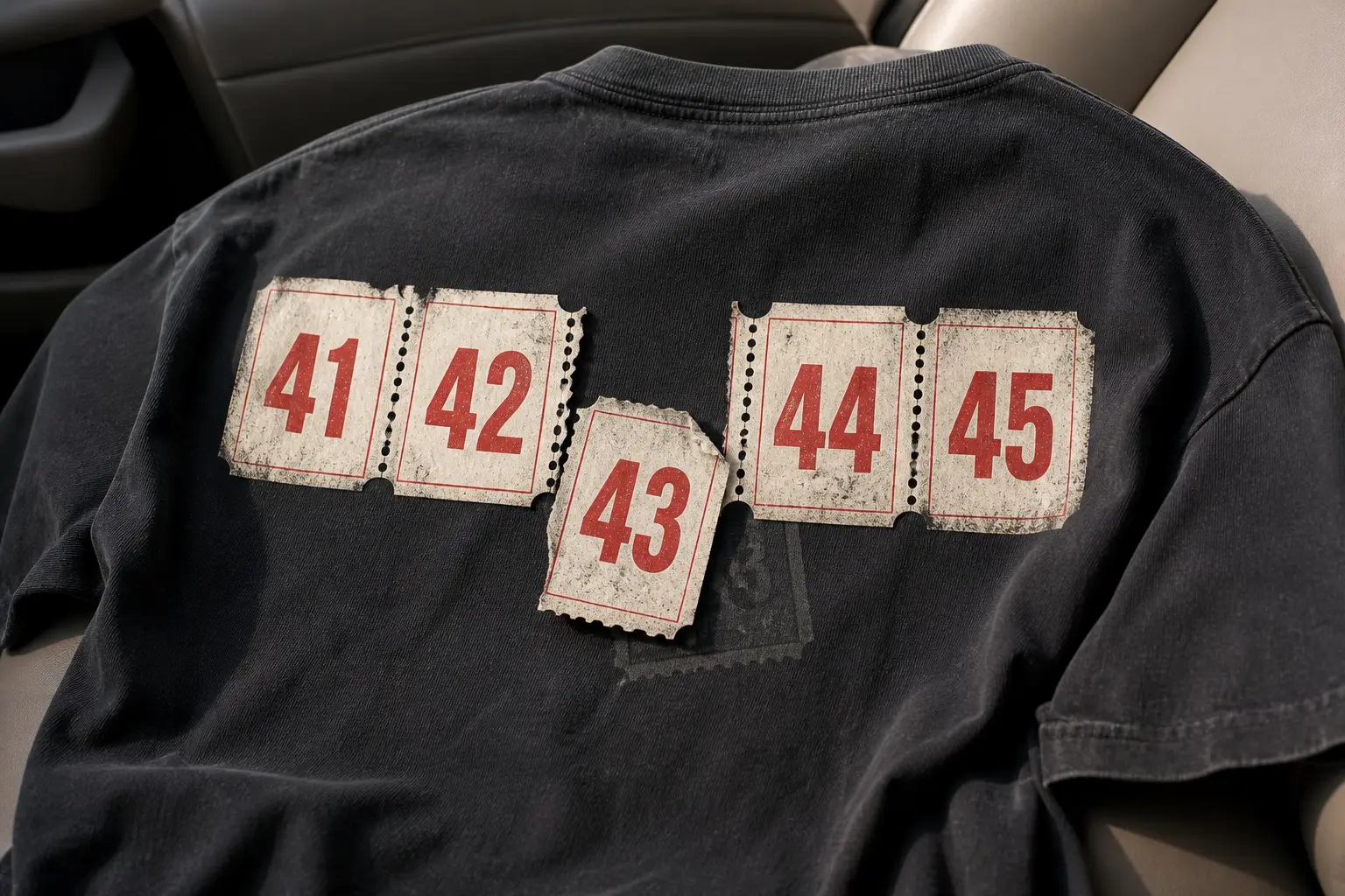 A black tee thrown across a car seat, printed across the back with a horizontal strip of ticket stubs joined by perforation holes, reading 41, 42, 44 and 45 in red on bone-coloured paper, with stub 43 torn free and offset below the row and a faint duplicate-paper ghost of its number showing through beside the gap.