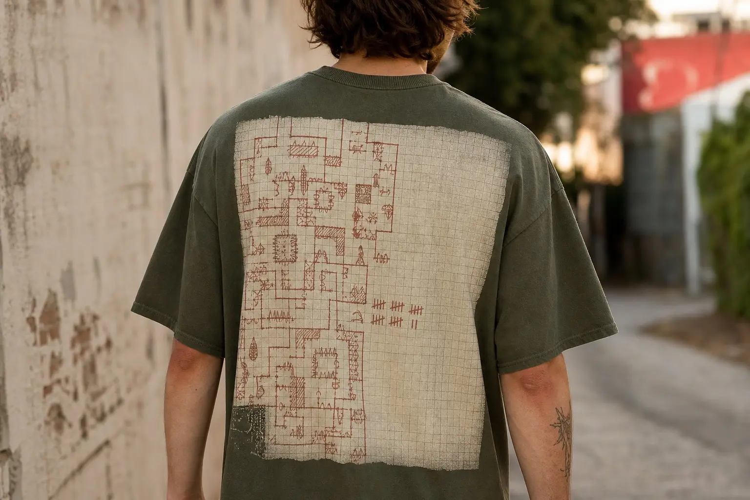 An olive tee flat, printed with a hand-drawn level map on squared paper — rooms, doors, arrows and sketched hazards worked out densely across the left two thirds, stopping at a hard vertical boundary where a cluster of tally strokes sits in gates of five, with the right third left as empty squared paper
