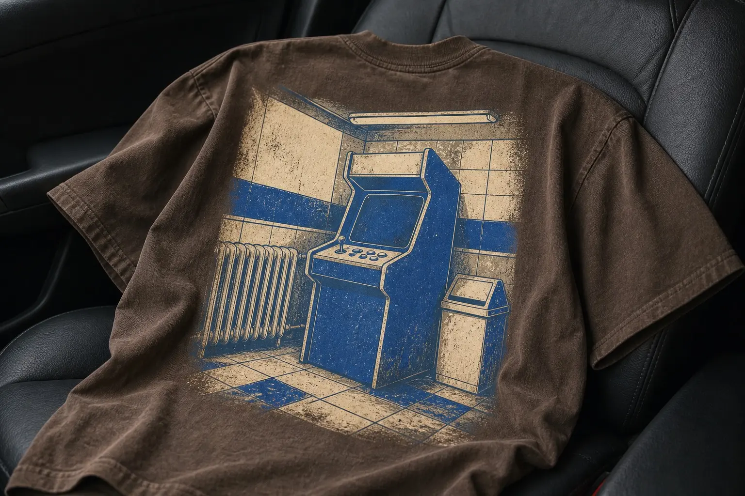 A flat interior illustration in umber of a small takeaway shop, showing one upright arcade cabinet standing in the corner between a wall radiator on its left and a swing-lid bin on its right, worn floor tiles beneath it and a fluorescent tube overhead, with the cabinet's screen and side panels rendered as plain flat colour and no artwork, picture or signage anywhere in the frame.