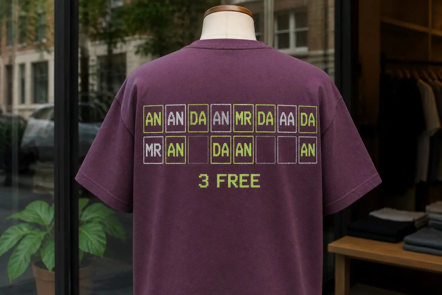 A plum tee flat on dark ground, printed as a memory-card block display of sixteen small squares in two rows of eight — six tagged AN, four DA, two MR, one AA, three empty — with 3 FREE printed beneath in blocky early LCD type