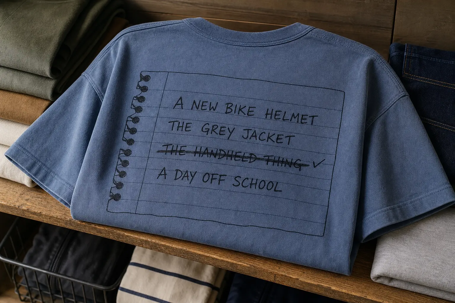 A denim blue tee, back print, showing a torn spiral-notebook page with four handwritten ruled lines — A NEW BIKE HELMET, THE GREY JACKET, THE HANDHELD THING struck through with a tick beside it, and A DAY OFF SCHOOL.
