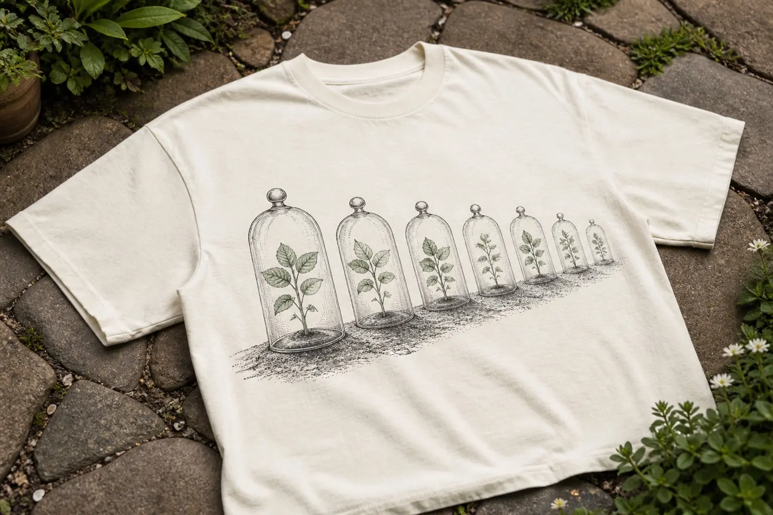 A cream tee printed in charcoal and pale green with seven glass bell cloches drawn in a row along a bed seen from slightly above and to one side, each a transparent outline with the seedling visible through it, the row receding so the far cloches are smaller.