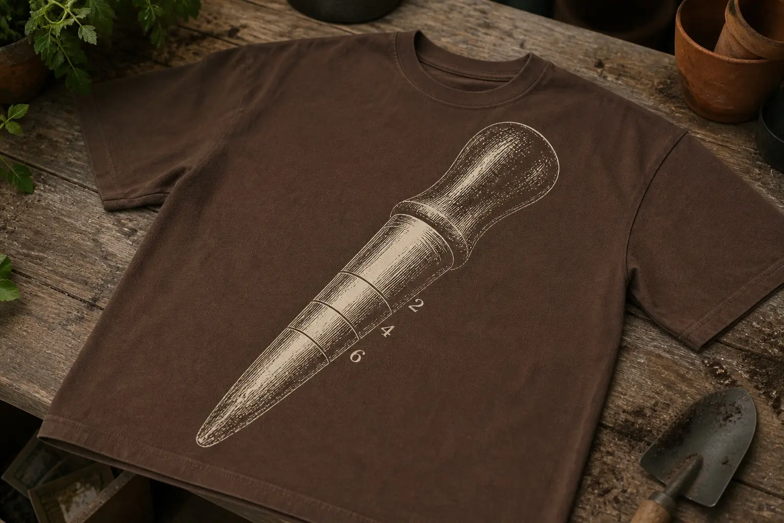 An earth brown tee printed in cream with a wooden dibber drawn large and tilted, its handle polished darker exactly where a palm and four fingers grip, the point blunted and scarred, grain running the length of the shaft, and depth rings burnt in beside the figures 2, 4 and 6.