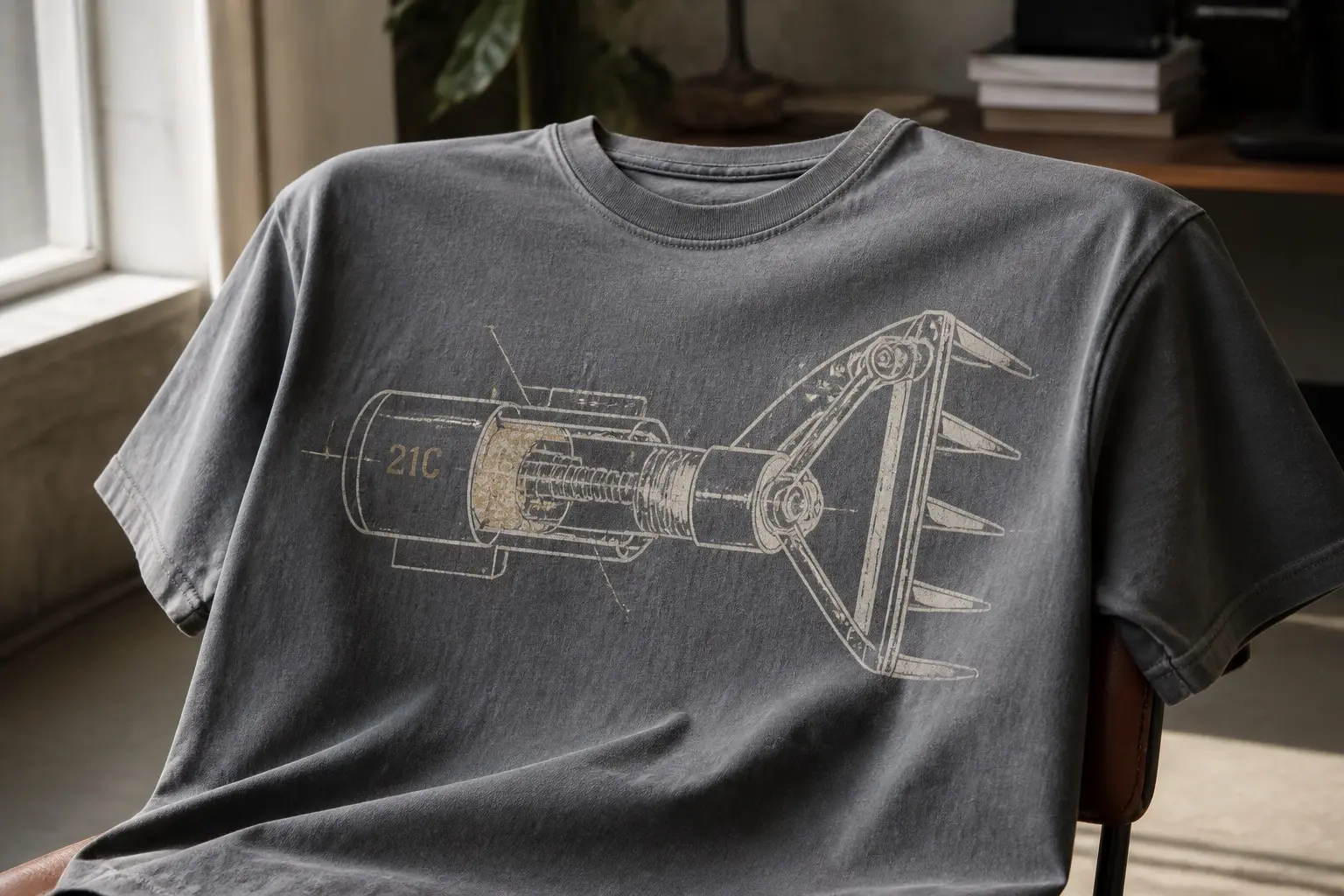 A steel grey tee printed in cream and brass with an autovent arm in exploded cutaway laid out horizontally with leader lines — a sealed cylinder, a part-expanded wax pellet, a piston and the linkage to a vent frame — the invented marking 21C stamped on the cylinder body.