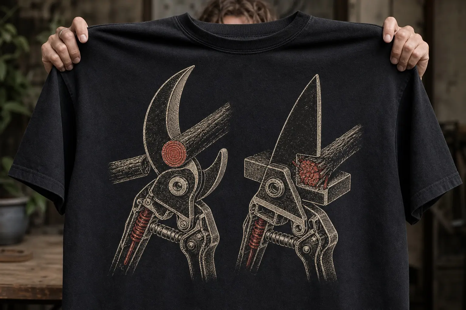 A black tee printed in cream and red with two pairs of secateurs in cutaway at the cutting point, a bypass pair on the left with its curved blade passing a hook, an anvil pair on the right with a straight blade meeting a flat bed, a stem held in each — cleanly severed on the left, crushed on the right.