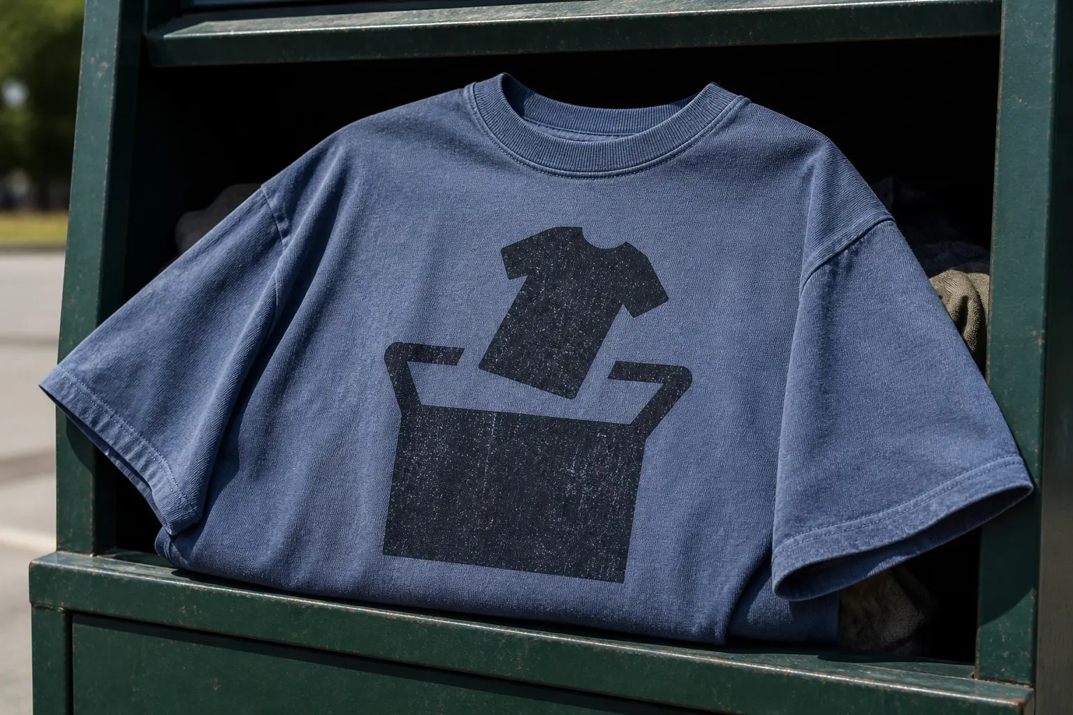A faded denim blue tee printed with a large charcoal front-chest graphic of an open cardboard box, flaps splayed apart, and a plain t-shirt shape drawn mid-fall into the opening