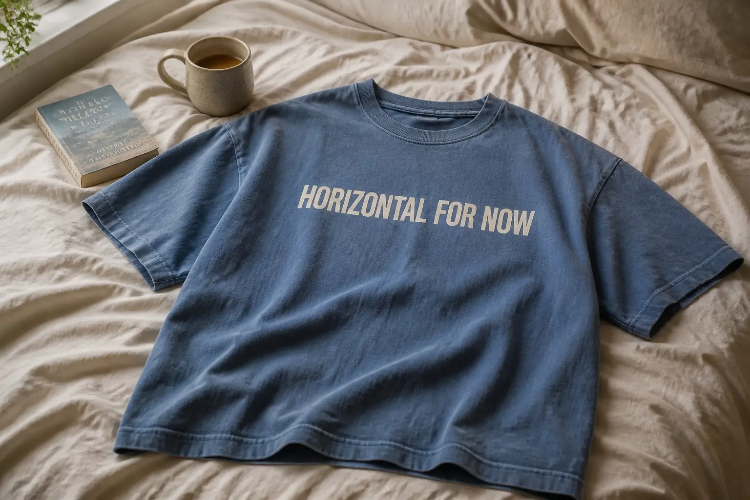 A dust blue tee spread on a rumpled bed beside a mug of tea and a paperback, printed with HORIZONTAL FOR NOW in large cream capitals
