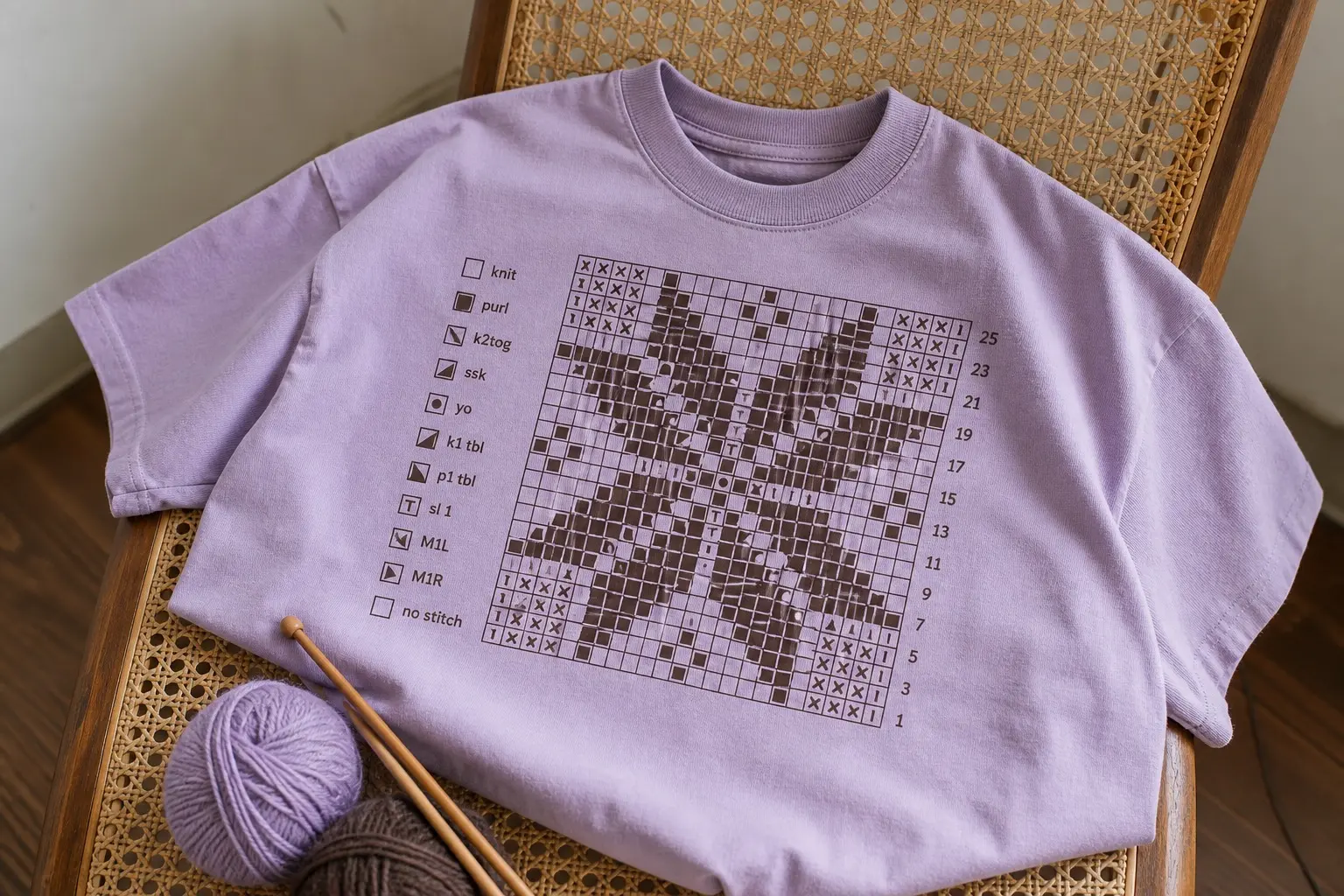 A lilac tee on a cane chair beside yarn and needles, printed with a knitting colourwork chart — a grid of filled squares forming an eight-pointed star, numbered rows, and a stitch key down the left