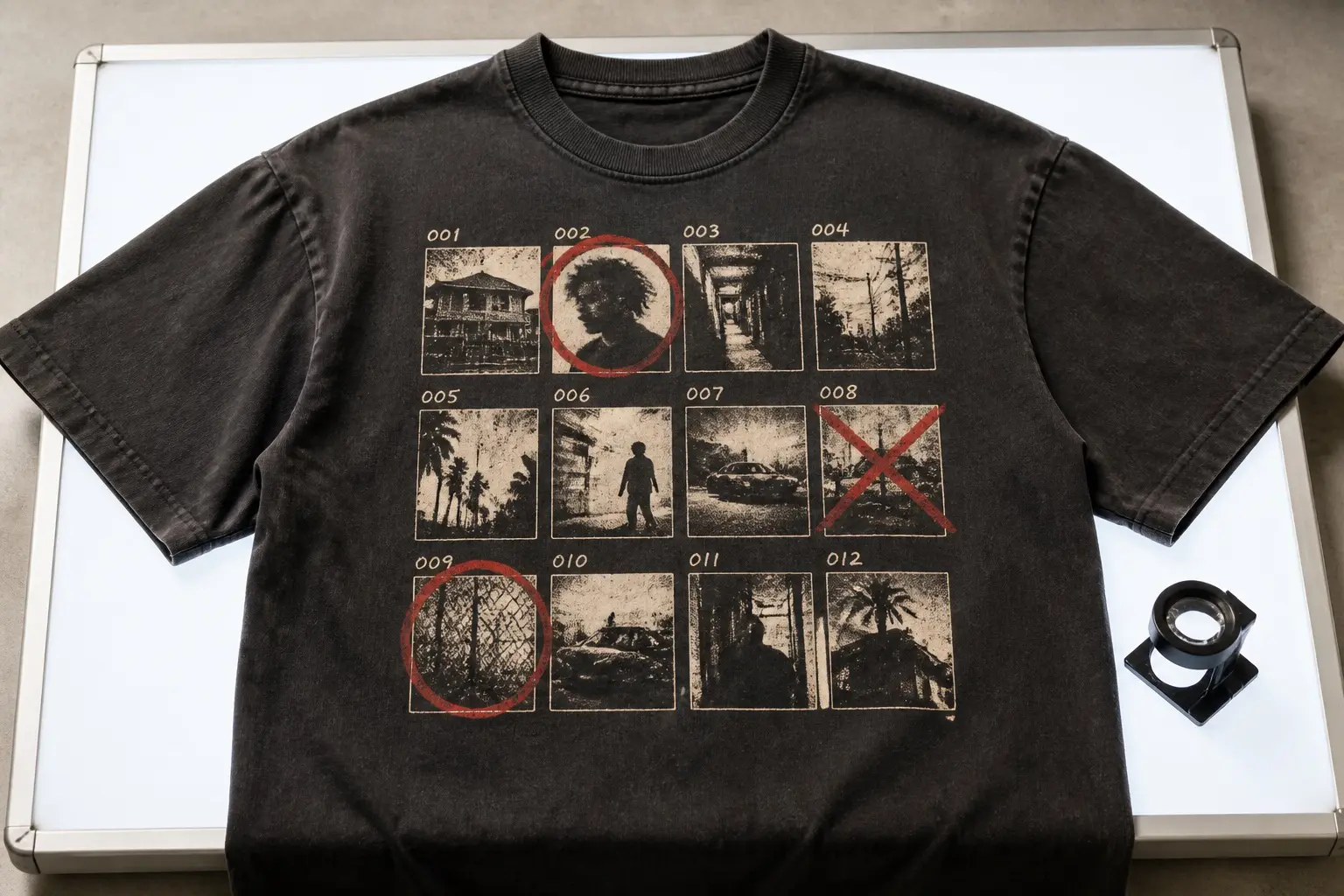 A washed black tee on a lightbox beside a loupe, printed with a twelve-frame contact sheet in monochrome, two frames circled in red grease pencil and two crossed out, frame numbers along the edge
