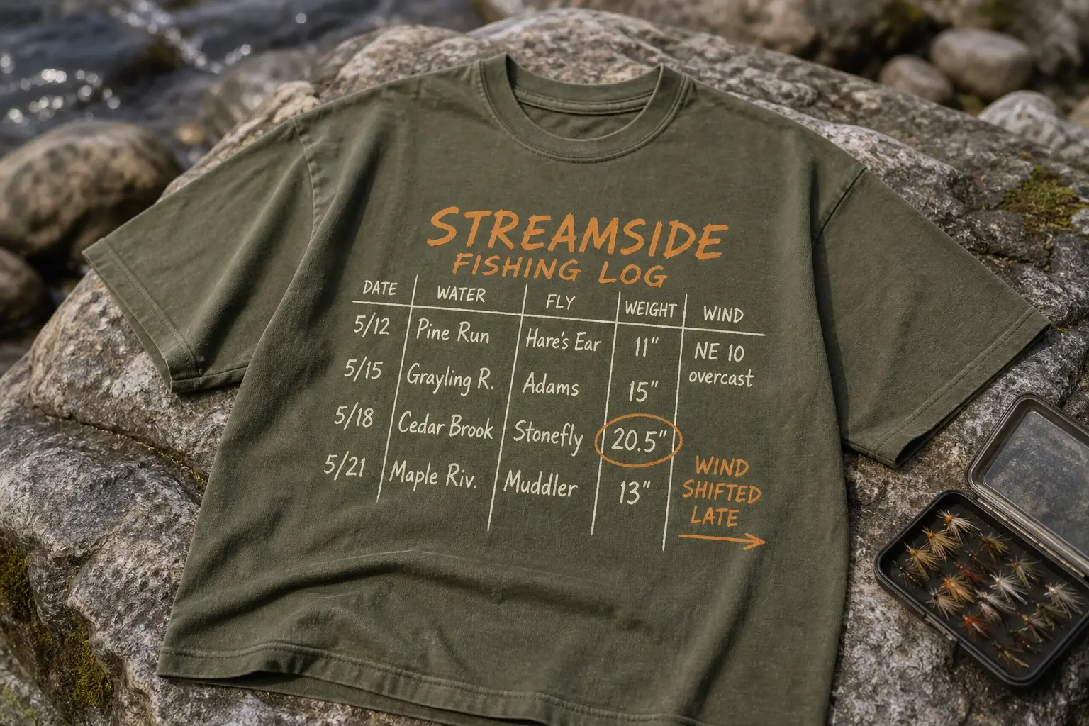 An olive tee on a riverside rock beside a fly box, printed with a ruled fishing log — columns for date, water, fly, length and wind, four entries filled in, and a note reading wind shifted late