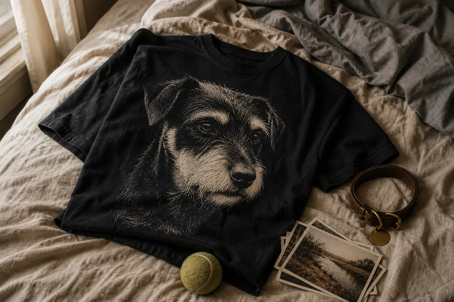 A worn black t-shirt with a bone-white portrait of a dog, folded on a bed beside a collar and a small stack of photographs