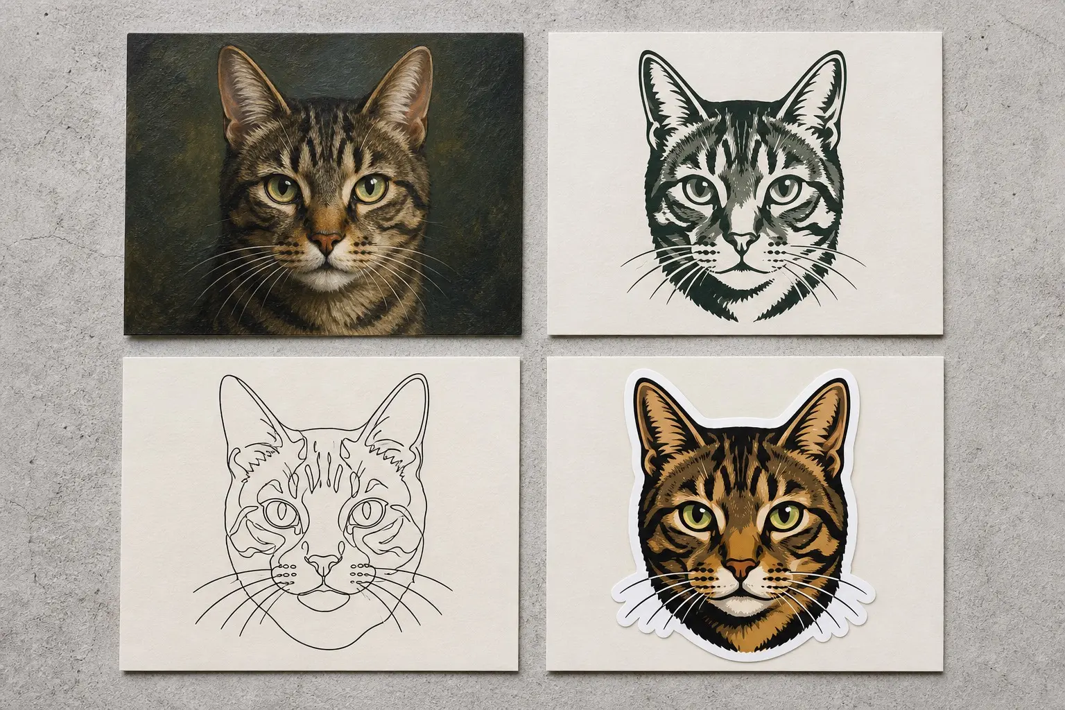Four prints of the same tabby cat laid out in a grid — an oil painting, a black and white woodcut, a single continuous line drawing, and a die-cut sticker-style vector
