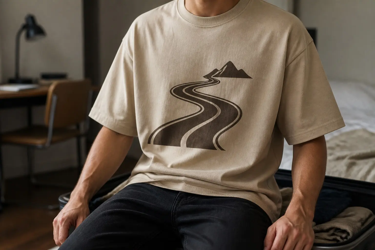 A person in a sand-coloured tee sitting on an open suitcase, the shirt printed with a bold winding coastal road drawing with a solid mountain at one end