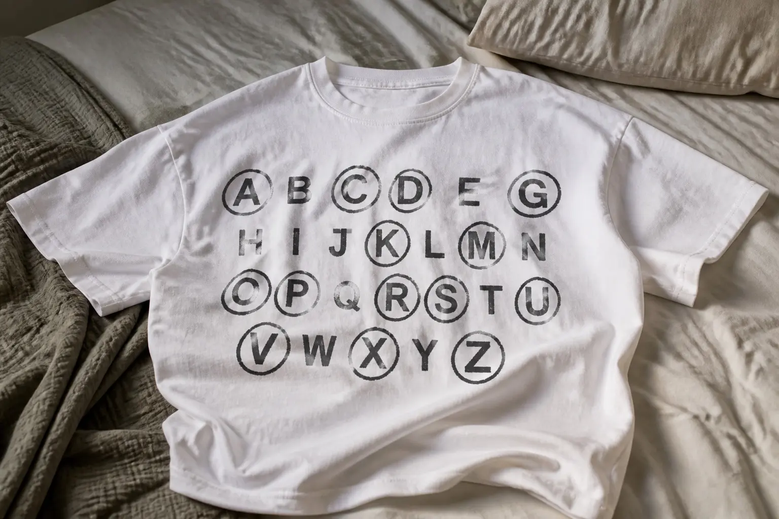 A chalk white tee crumpled on a bed, printed with a full alphabet of plain graphite capitals in four rows, roughly a third of the letters circled in one fast freehand loop and the rest left plain