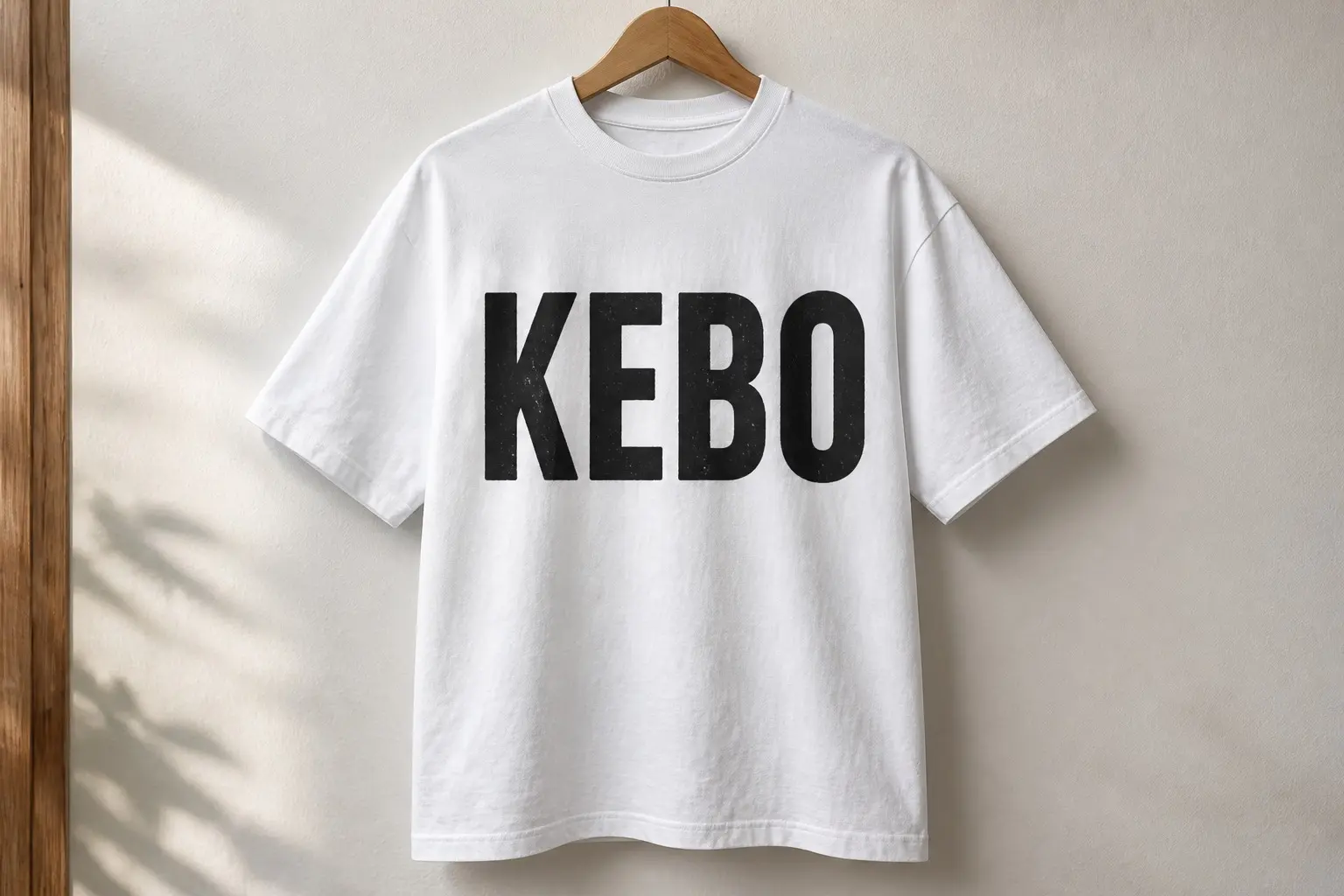 A white tee on a wooden hanger, printed with four invented capitals reading KEBO in plain upright block form in soot black — no extensions, no arrows, no shadow, no fill, every stroke the same weight, every angle square, spacing even, centred on the chest.