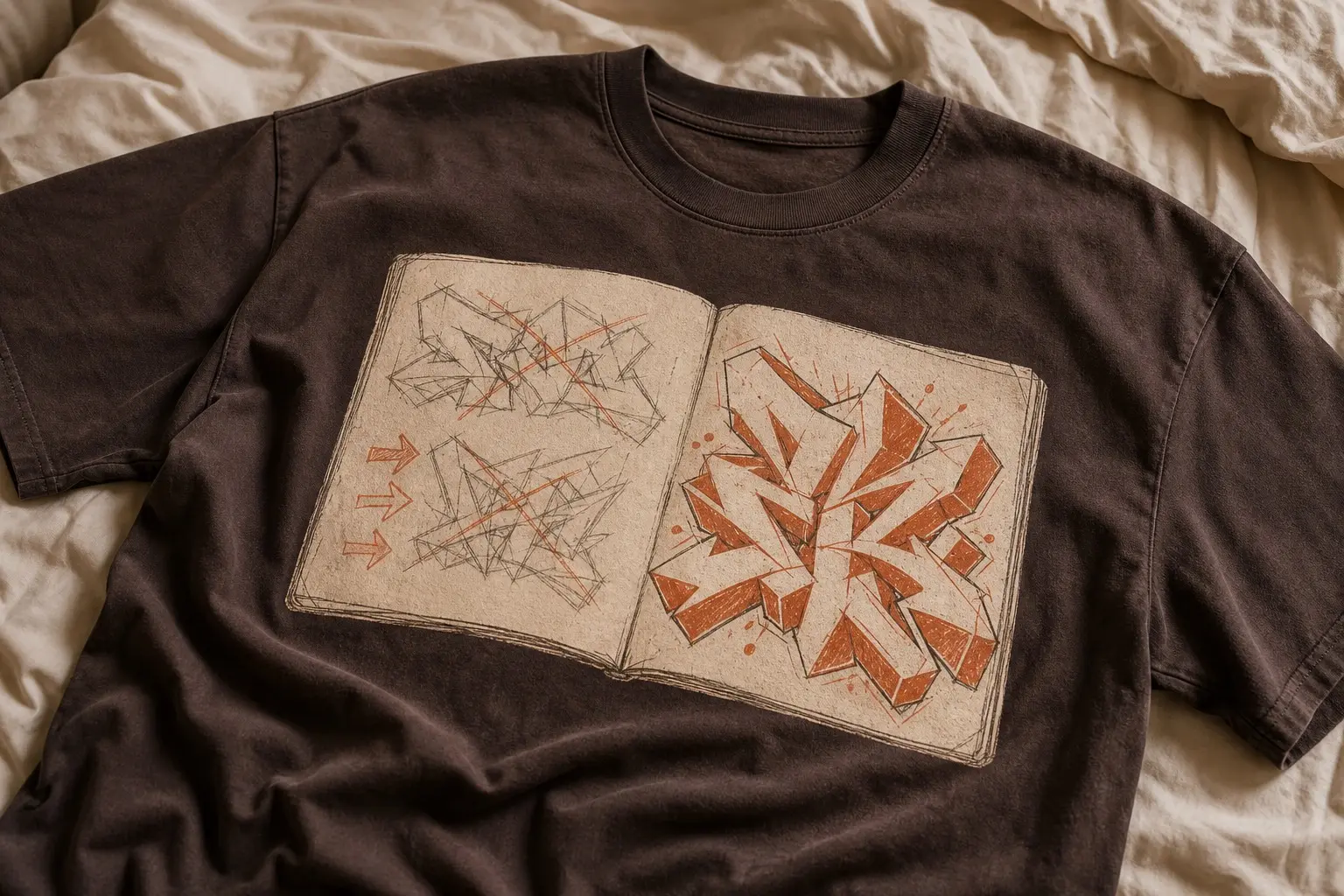 A deep brown tee crumpled on a bed, printed with an open hardback sketchbook seen from directly overhead, two facing pages filling the chest with the binding down the centre — the left page a piece worked out in pencil with visible construction lines, two rejected versions crossed through and an arrow redrawn three times, the right page the same piece cleaned up in marker and colour, on soft, slightly cockled paper, resolving into no readable name.