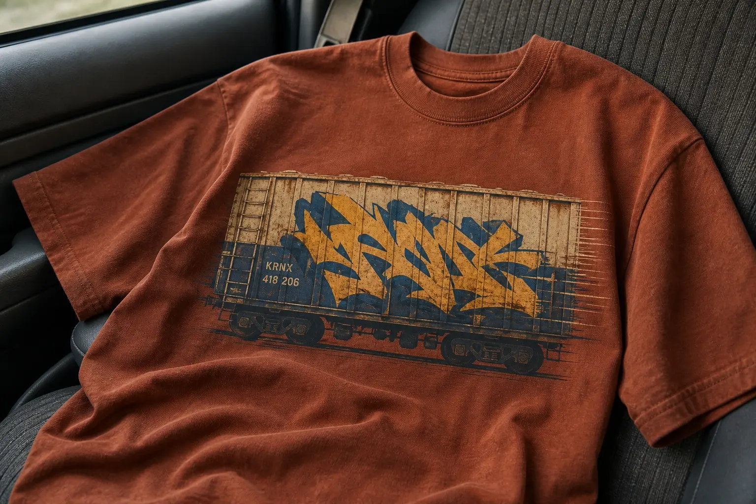 A rust-coloured tee printed with the side of a railway boxcar filling the width, ribbed steel panels and running gear in cream, ochre and deep blue, a large unreadable painted piece across the middle, speed marks trailing off the rear edge, and the stencilled reporting marks KRNX above 418 206 low on the left end.