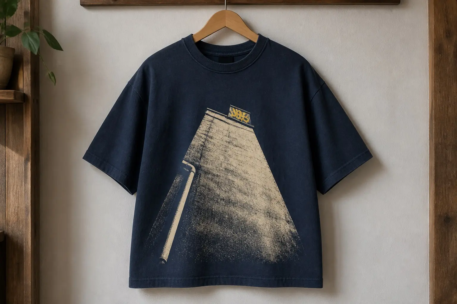 A twilight navy tee on a wooden hanger, printed with a steep upward view of a tall building in cream and warm yellow with the perspective exaggerated into the sky, a single tiny painted piece visible on a narrow ledge near the top with no visible way up, and a drainpipe stopping well short of it.