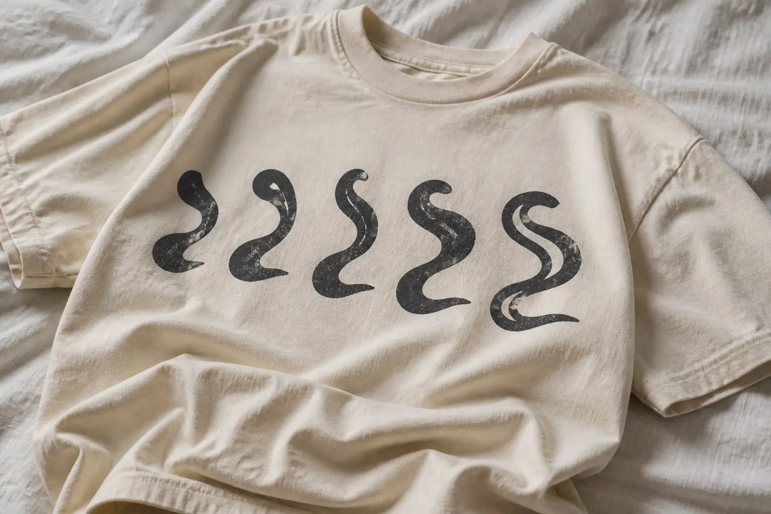 A cream tee crumpled on a bed, printed with the same invented letterform drawn five times in a row in soft black — each version copied from the one before it rather than from an original, drifting further with each repeat until the fifth is clearly related to the first but no longer the same letter.