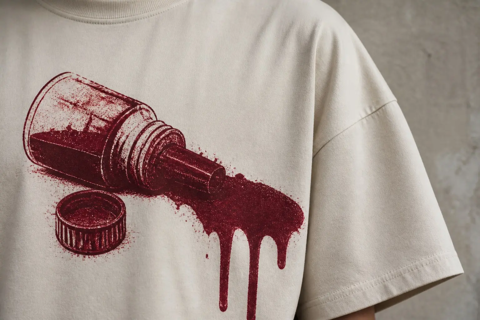 A bone tee cropped to one shoulder and sleeve, printed with a home-made oxblood mop marker — a squat bottle with a thick felt nib and loose cap — and one heavy stroke running down into three thick ink drips