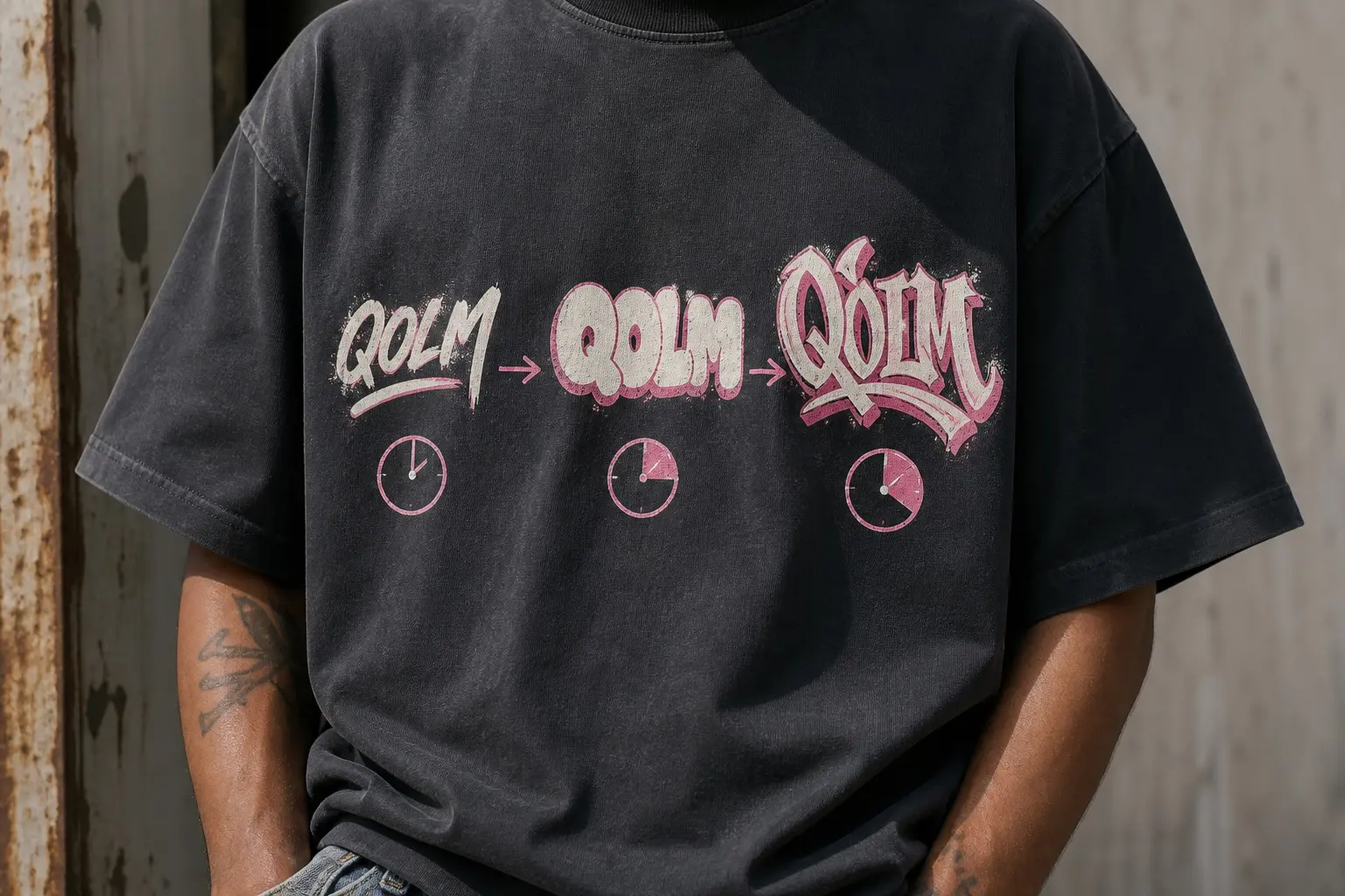 A charcoal tee showing the invented name QOLM drawn three ways in cream and hot pink — a fast one-stroke scrawl, then plump two-colour bubble letters with a flat fill, then an interlocking version with depth and a highlight — each with a small clock symbol beneath showing more time elapsed, with no numerals.