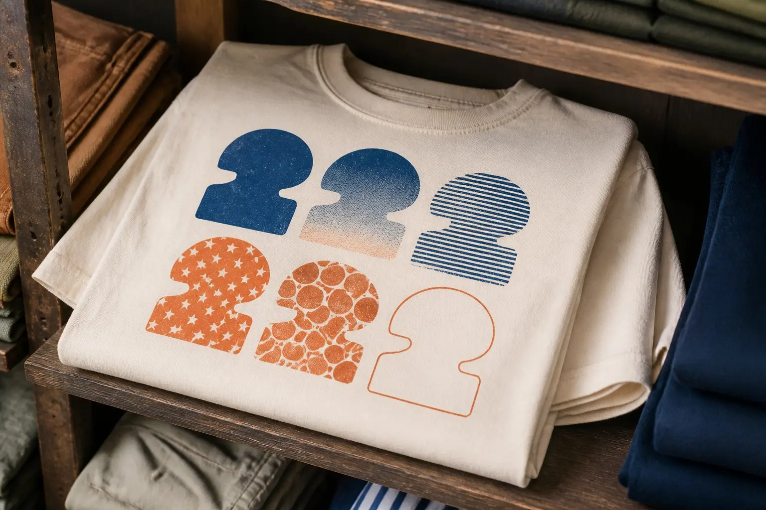 A bone tee folded on a shelf, printed with one simple invented letterform drawn six times in a two-by-three grid, identical in shape and size and differing only in fill — flat solid colour, a fade, tight parallel hatching, a field of small stars, overlapping bubbles, and left completely empty as bare fabric.